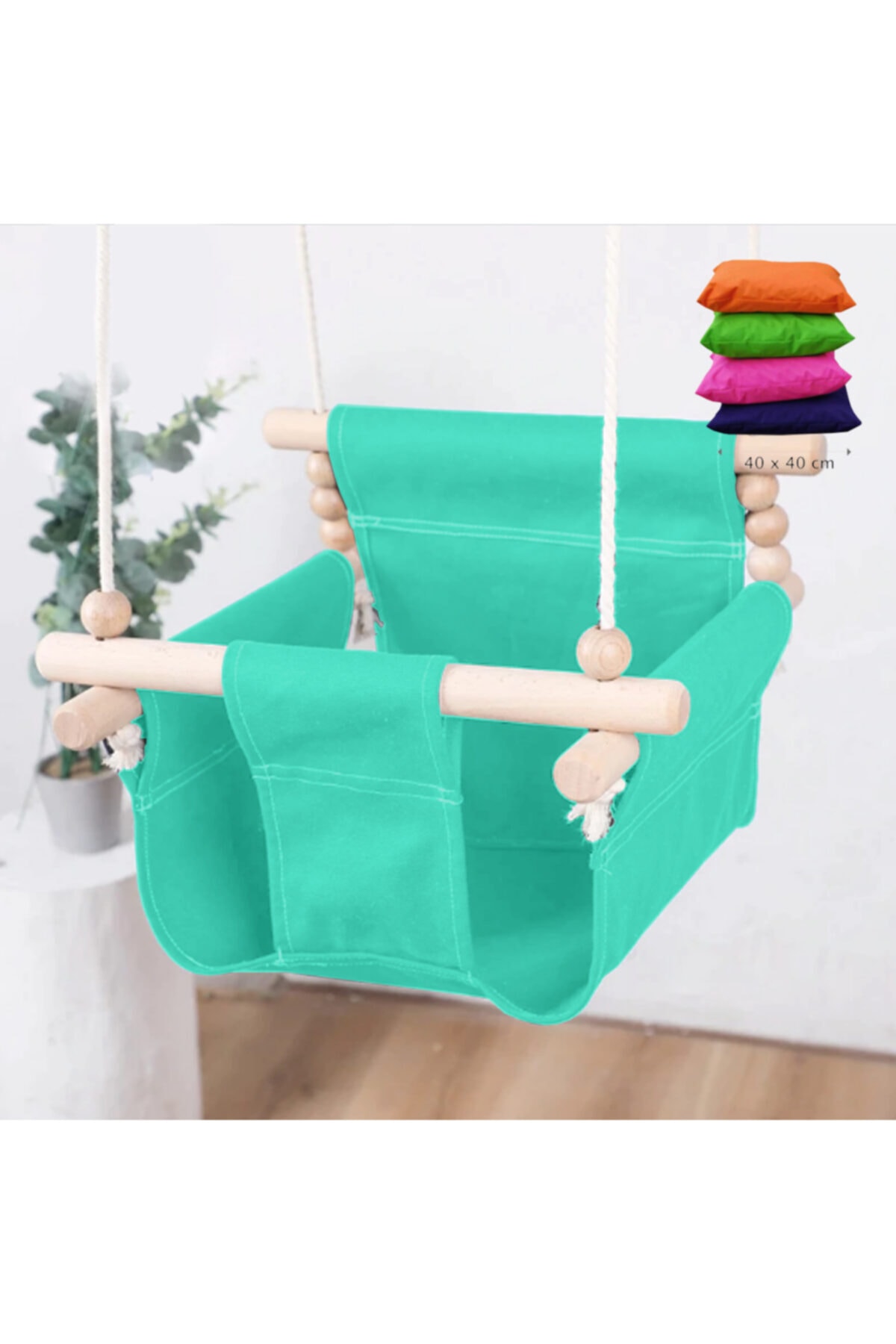 sigoly Salıncak,çocuk Ahşap Turkuaz,40*40 Minder Hediyeli