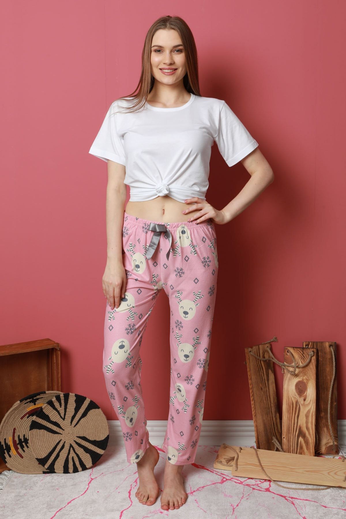 pijamacity Kadın Pembe Desenli Ince Kadife Pijama Altı