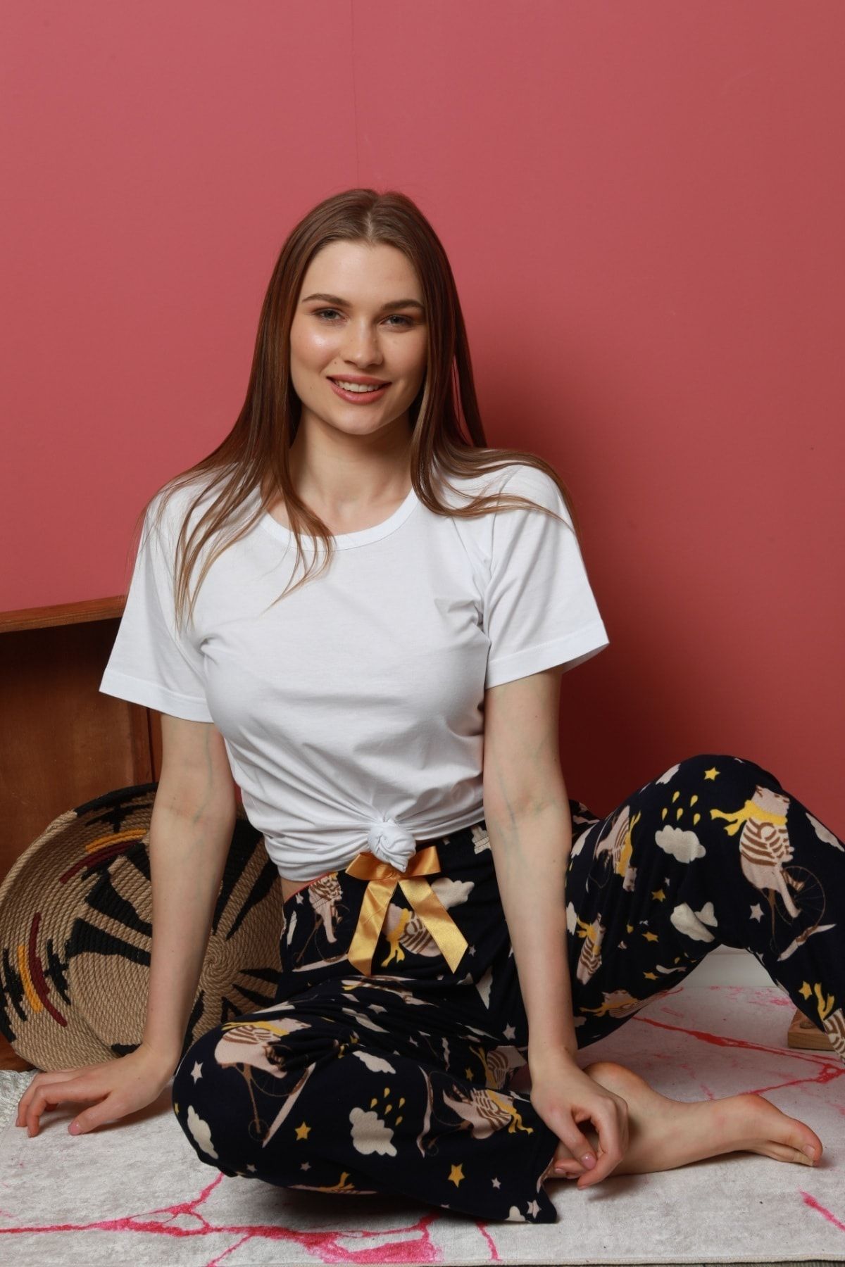 pijamacity Kadın Sarı Desenli Ince Kadife Pijama Altı