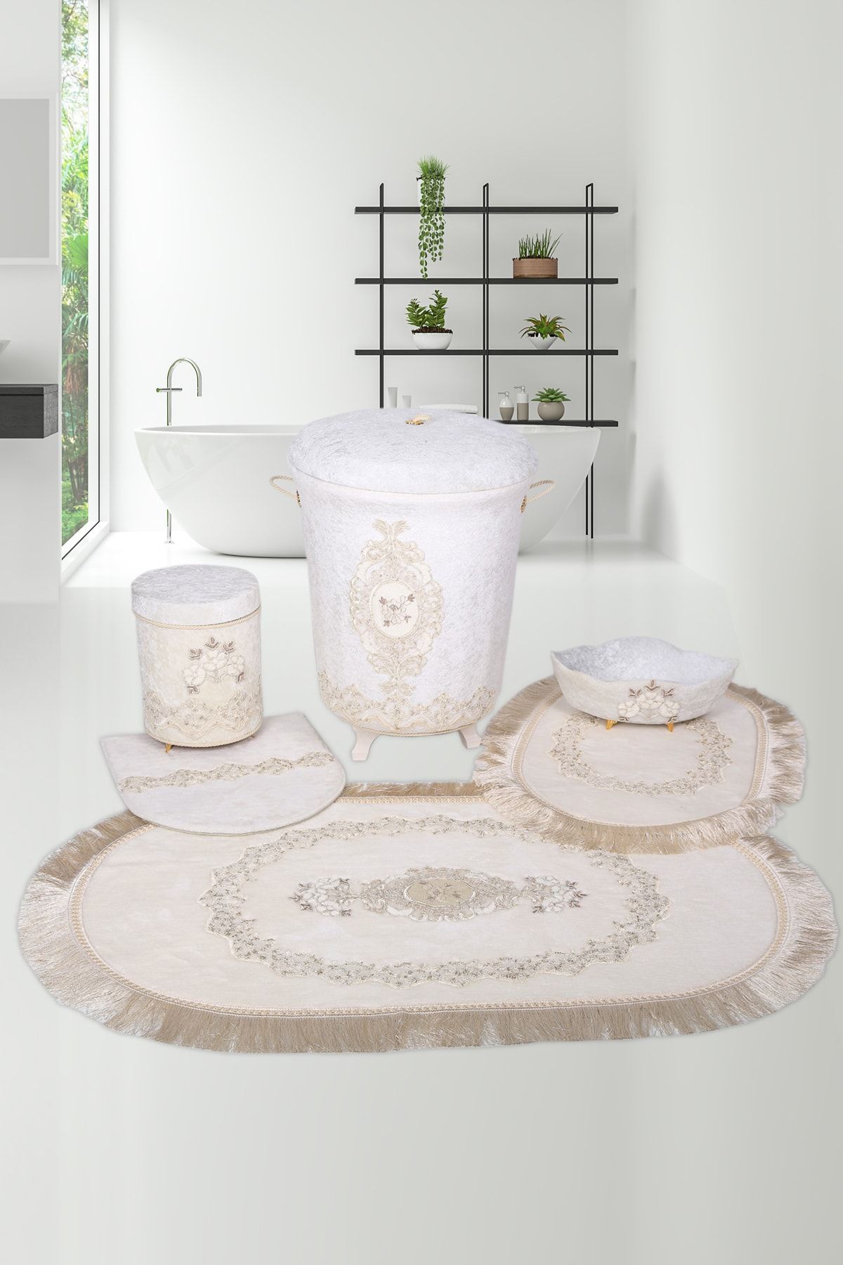 Bonny Home Krem Dantelli Banyo Kirli Çamaşır Sepeti ve Banyo Paspası Seti 6 Parça