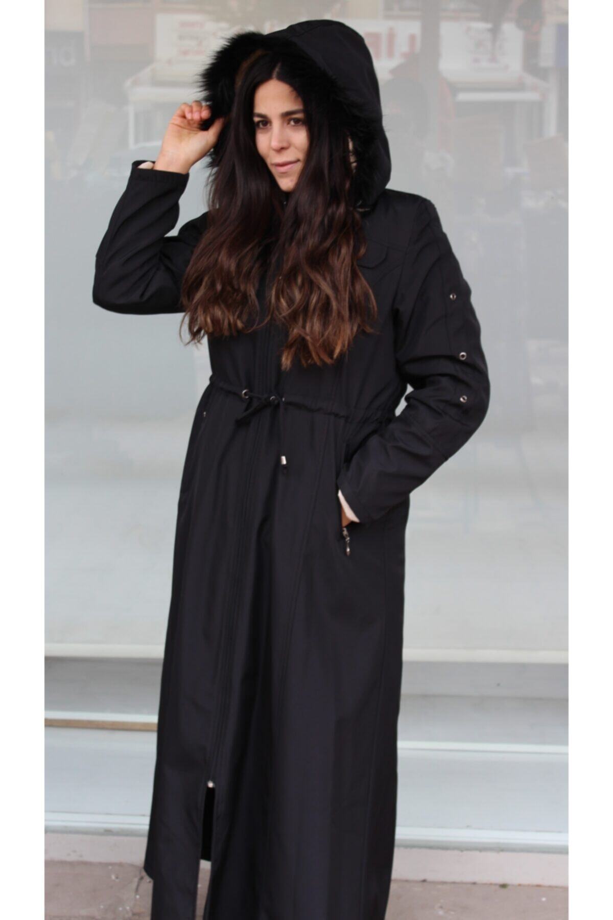 Hatun giyim Kadın Siyah Içi Kürklü Kapşonlu Uzun Mont