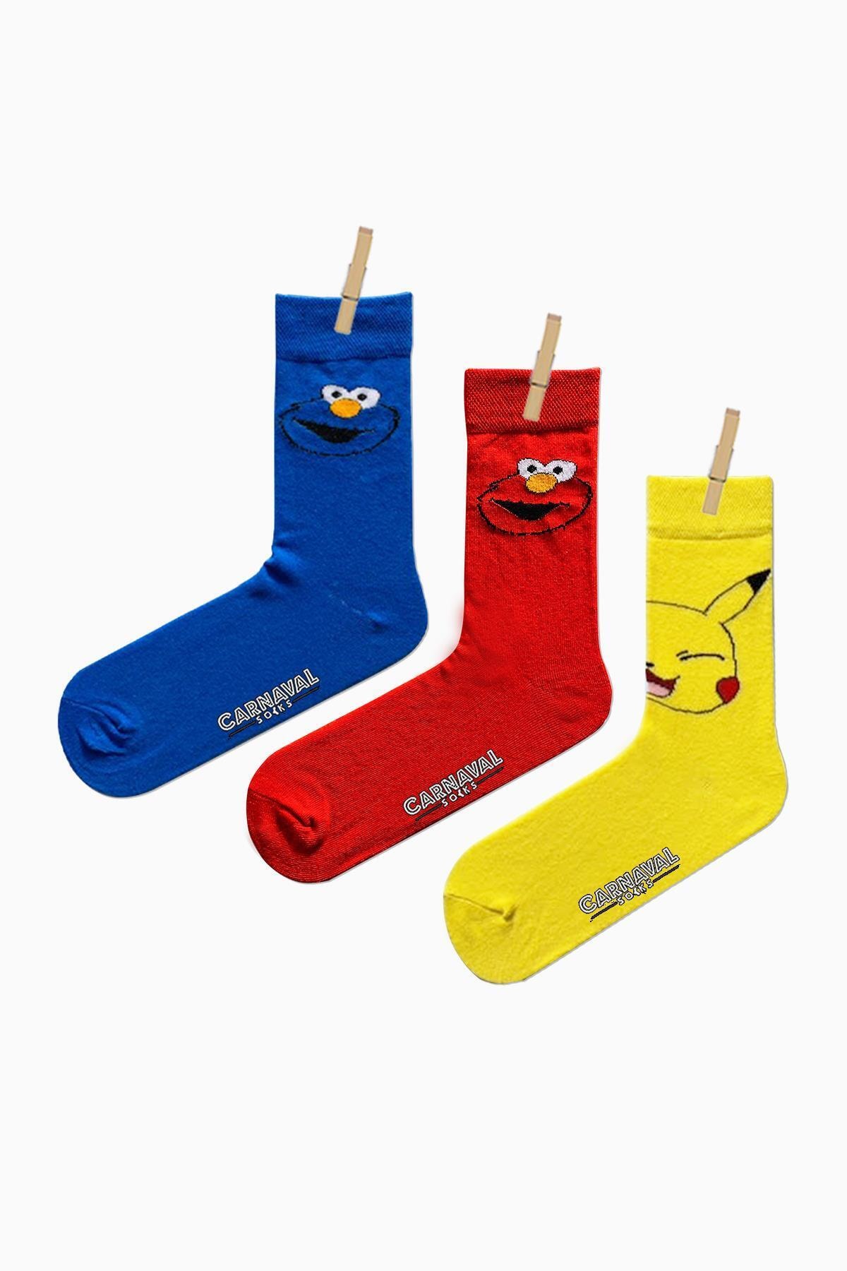 CARNAVAL SOCKS Unisex 3'lü Kurabiye Canavarı Desenli Renkli Çorap