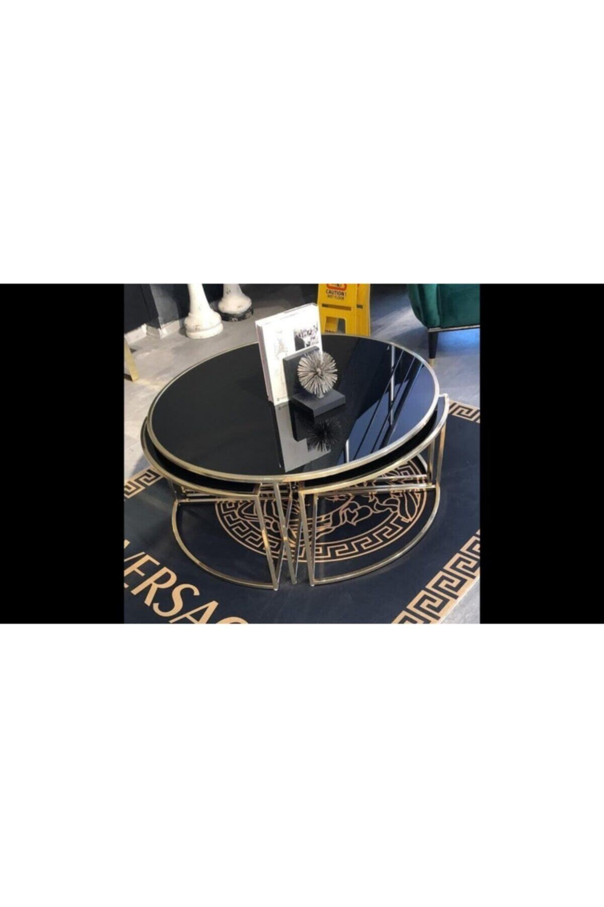 Gençtürk Luxury Gold Metal 5 Li Orta Sehpa Siyah Camlı 100x100 Ölçülerinde