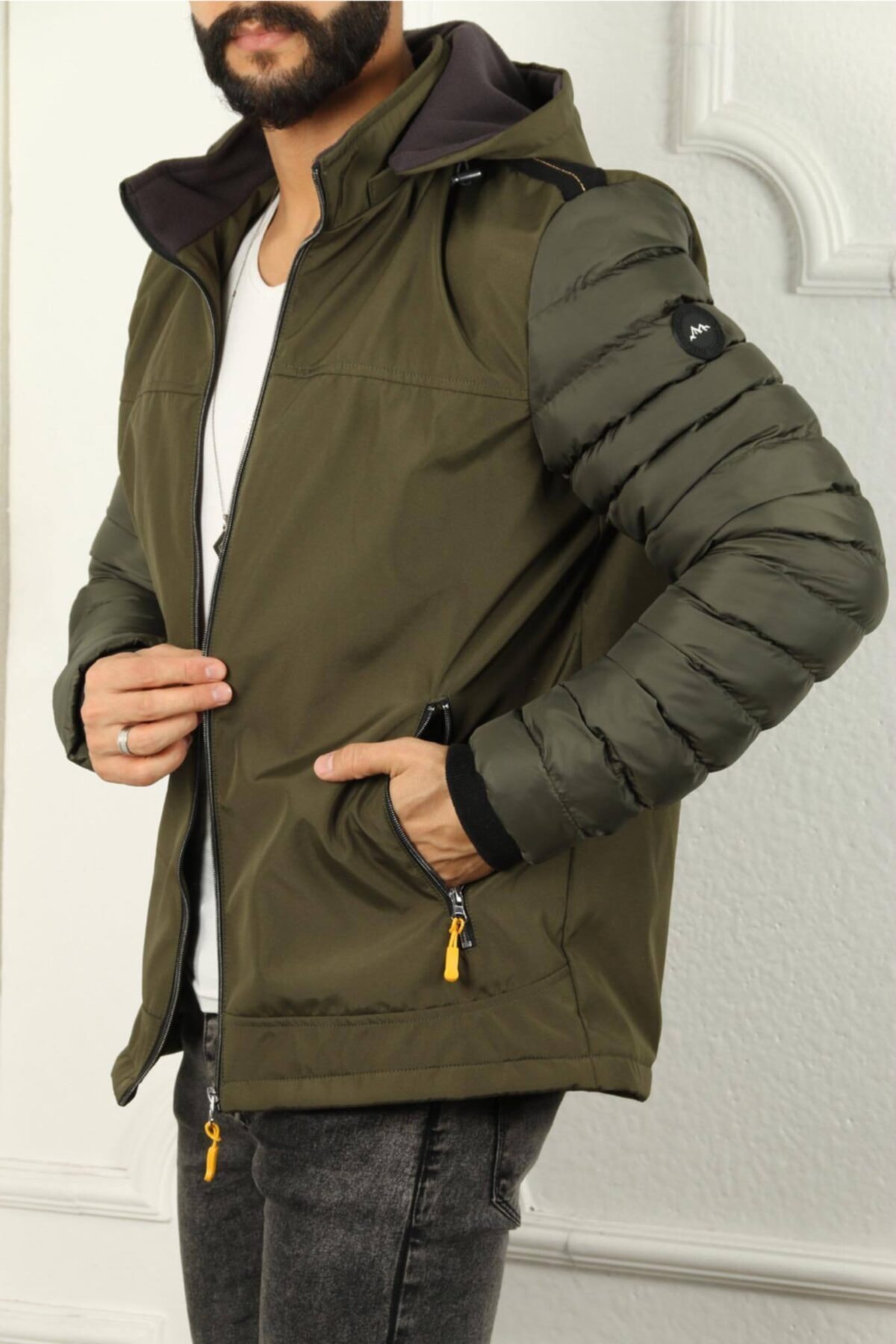 Glot stil Erkek Haki Kapüşonlu Mont