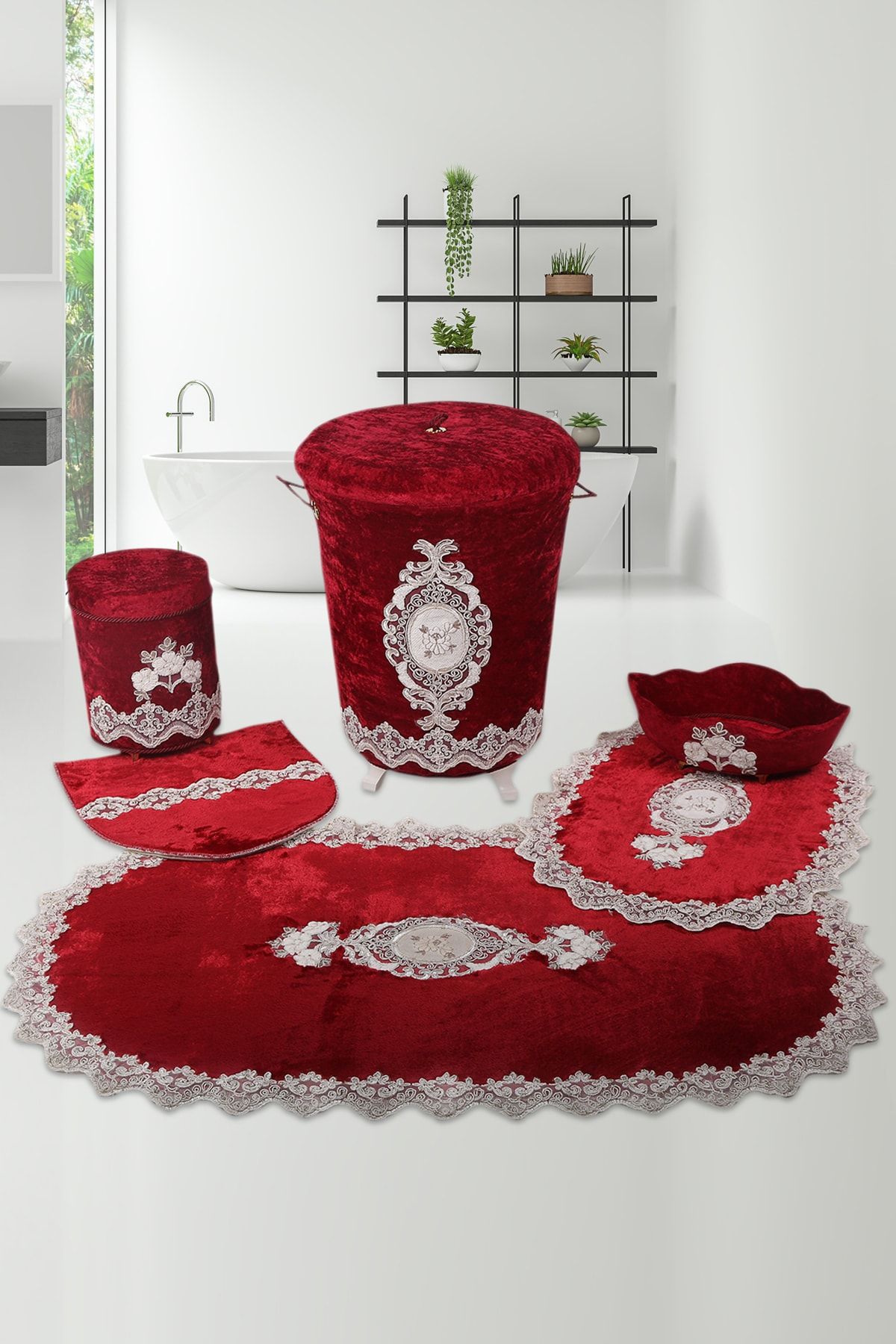 Bonny Home Lisa Bordo 6 Psrça Dantelli Banyo Kirli Çamaşır Sepeti Seti Banyo Paspası Seti
