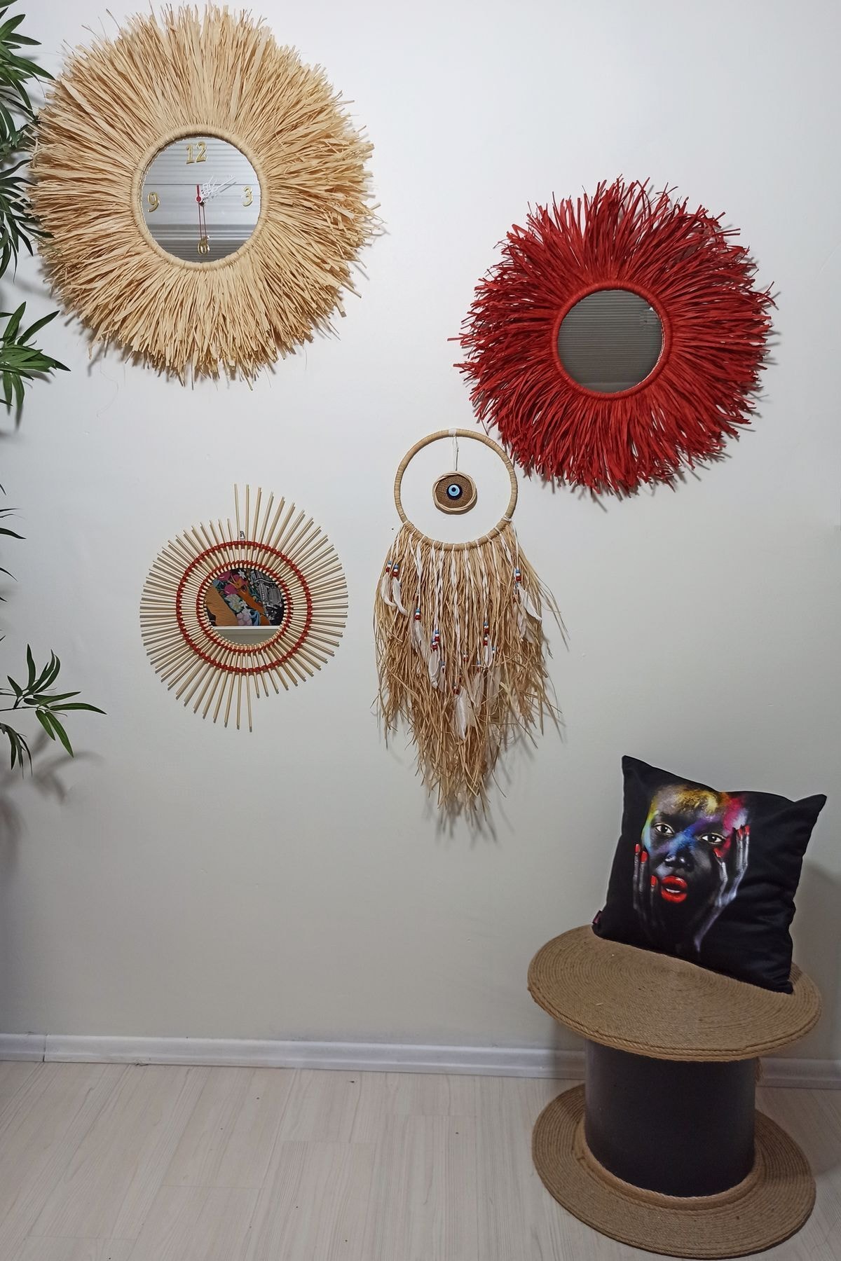 Bubihome Saatli Rafya & Bambu Ayna Seti Kırmızı