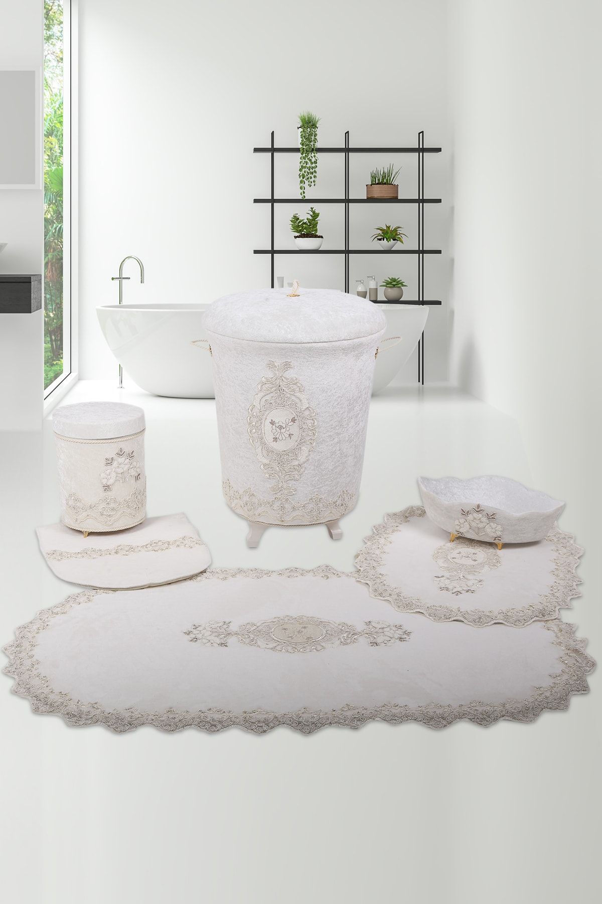 Bonny Home Krem Lisa Fransız Dantelli Banyo Kirli Çamaşır Sepeti ve Klozet Takımı 6 Parça