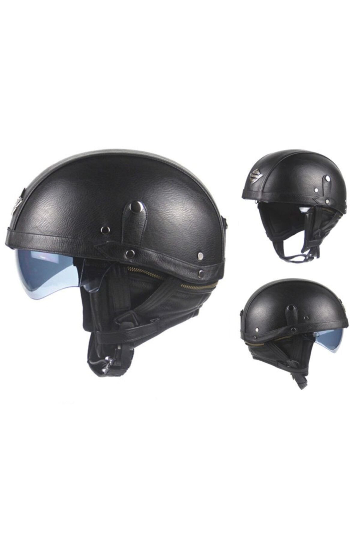 Tex 130-3 Vizörlü Deri Kask, Chopper Kask Gözlüklü (mat Siyah)