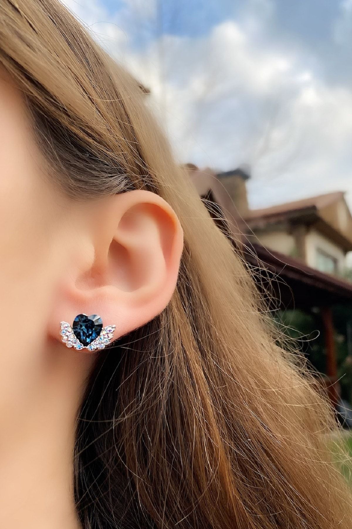 RichBird Swarovski Taşlı Sky Blue Kanat Küpe