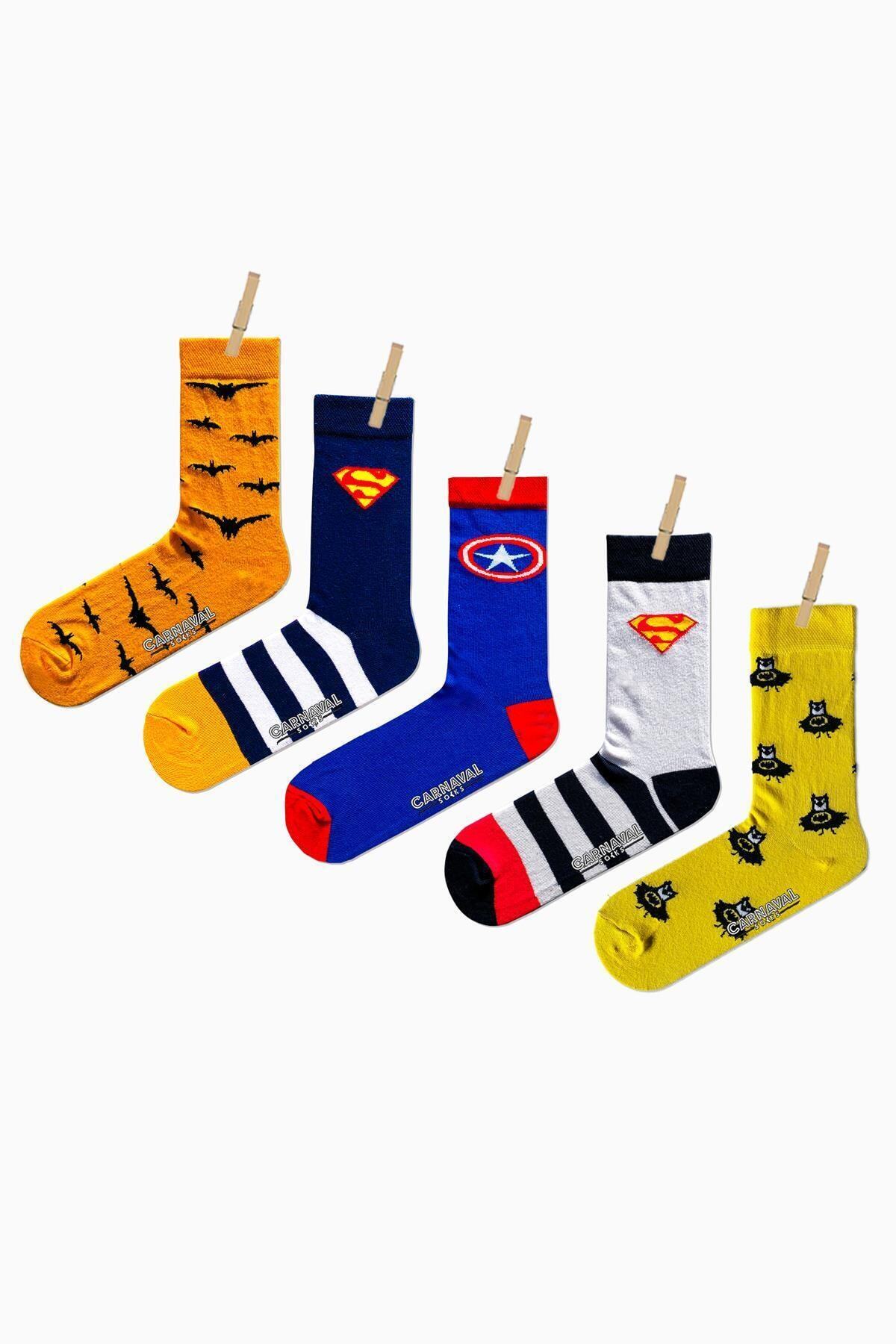 CARNAVAL SOCKS Unisex Renkli 5'li Süper Kahramanlar Desenli Çorap