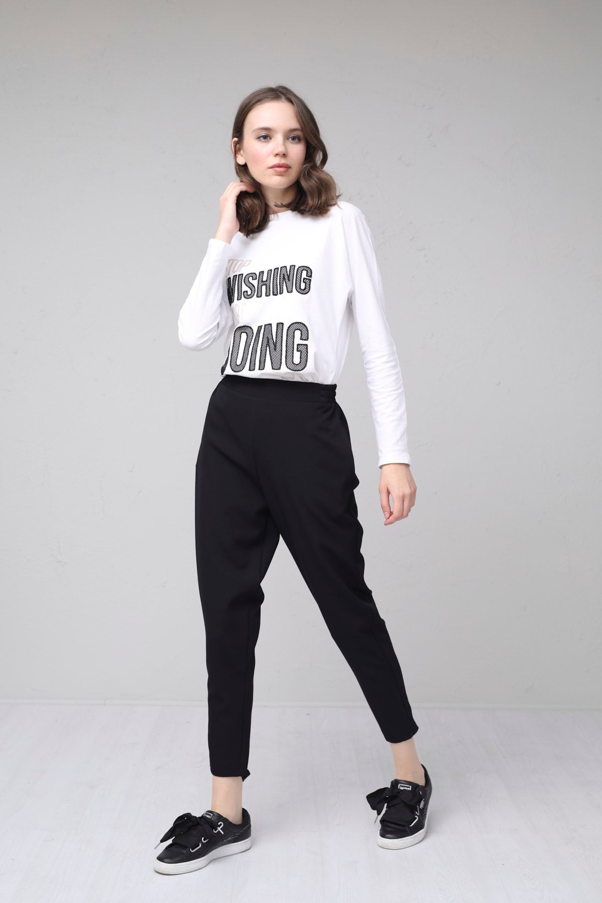 Moodbasic Kadın Siyah Havuç Kesim Krep Pantolon