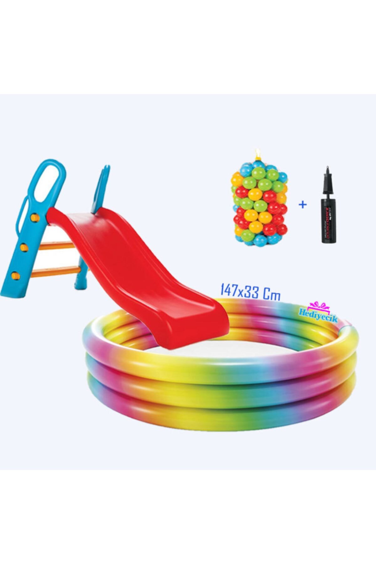 hediyecik Kaydıraklı Oyun Seti 147x33 Rainbow 3 Boğumlu Havuz + 6 Cm 100'lü Oyun Havuz Topu + Pompa