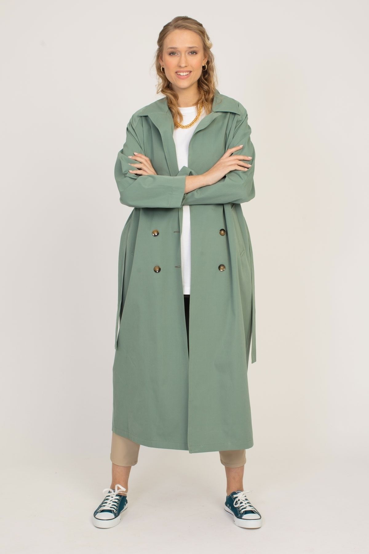 SİNDAL Kadın Yeşil Oversize Trençkot 4-2232