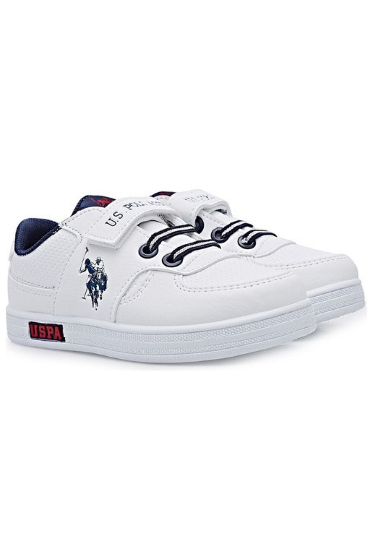 U.S. Polo Assn. Cameron Pu Boy s White Navy Blue Leather Casual