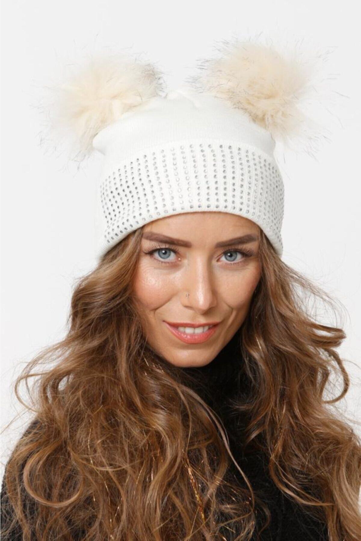 Alle Accessories Çift Ponponlu Taşlı Bere