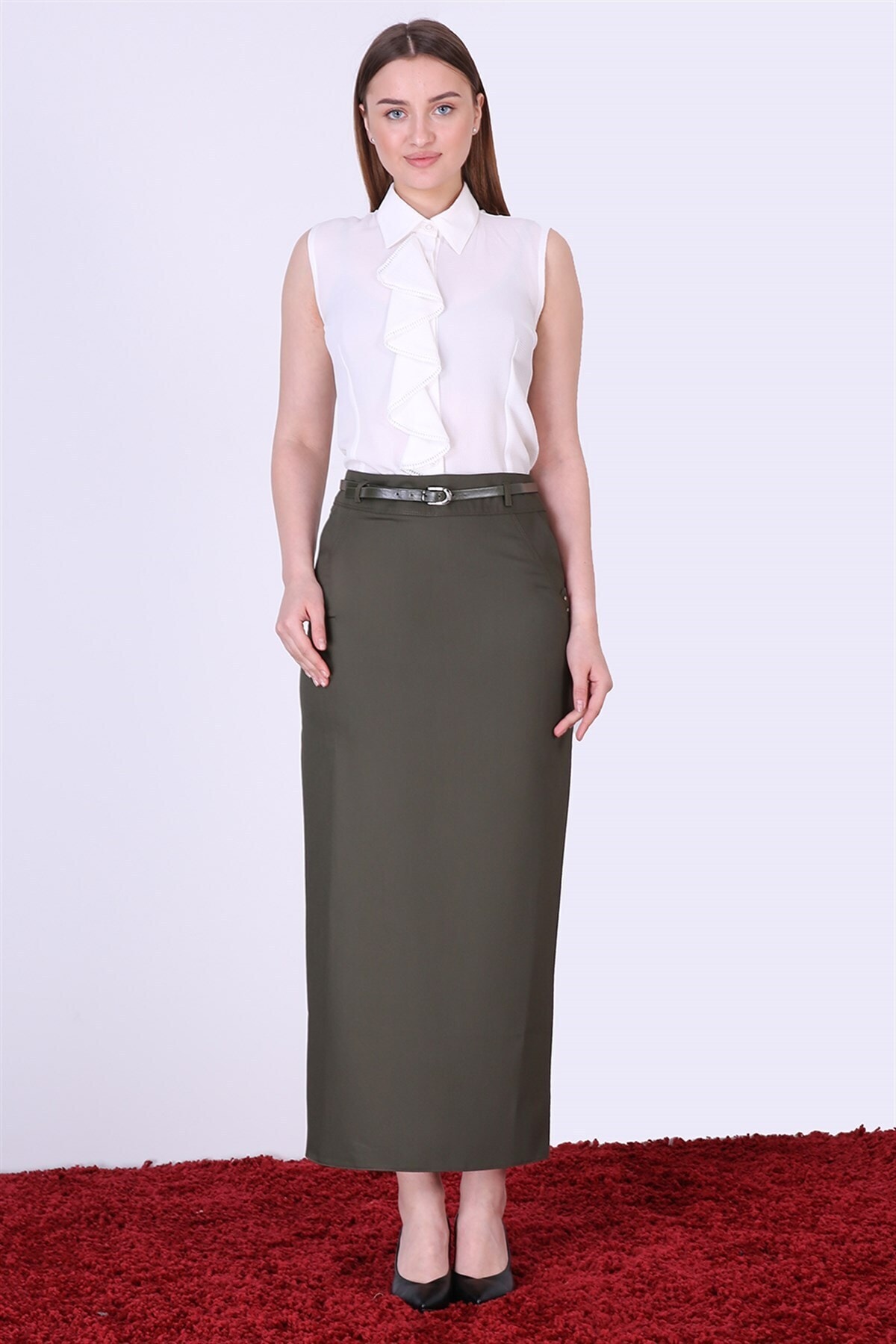 apsen Kadın Haki Kemerli Gizli Cep Detaylı Poliviskon Tesettür Etek