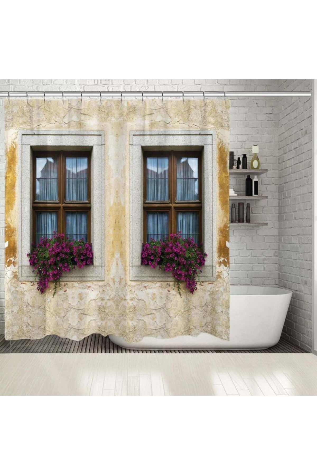 Henge Home Baskılı Duş Perde Taş Ev Çiçekli Pencere Önü Desenli