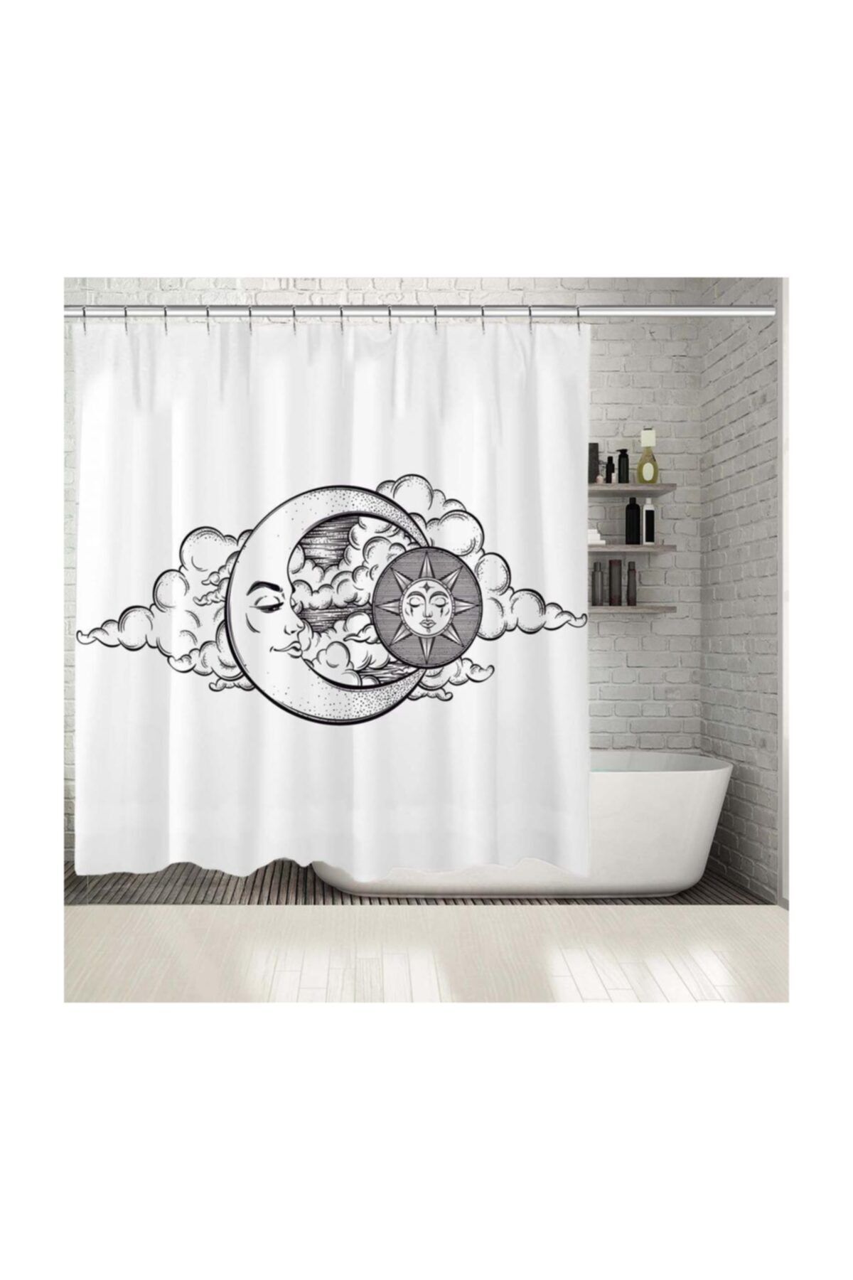 Henge Home Baskılı Duş Perde Ay Güneş Gökyüzü Beyaz Siyah Desenli