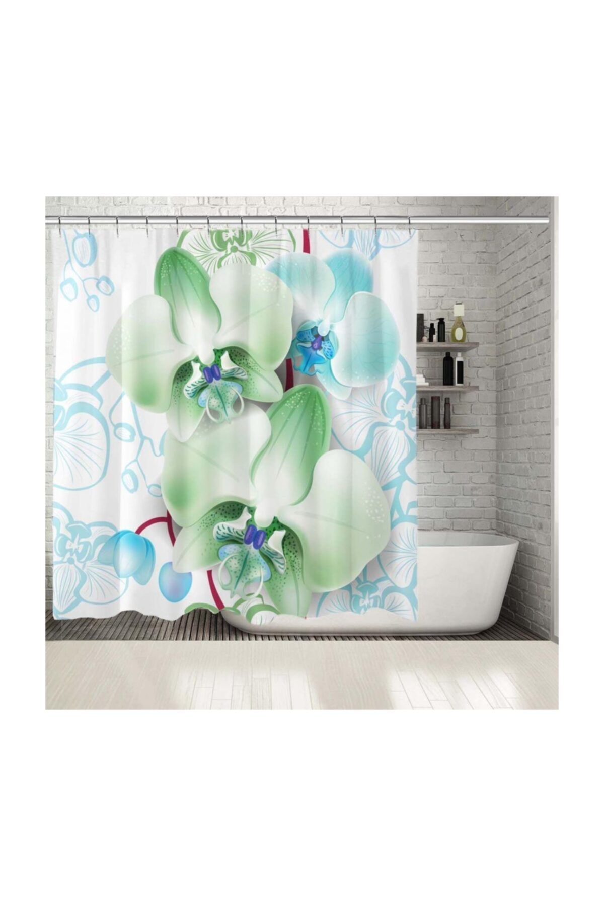 Henge Home Baskılı Duş Perde Çizim Tropik Zeminli Yeşil Orkide Desenli