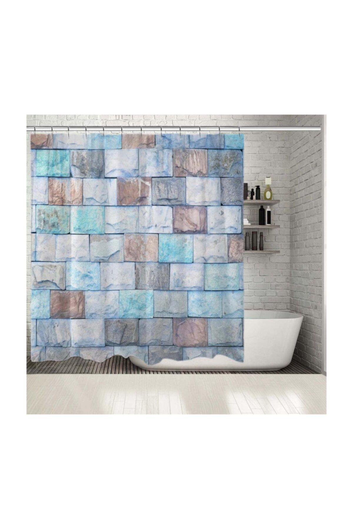 Henge Home Baskılı Duş Perde Mavi Ve Kahverengi Etkili Taş Desenli
