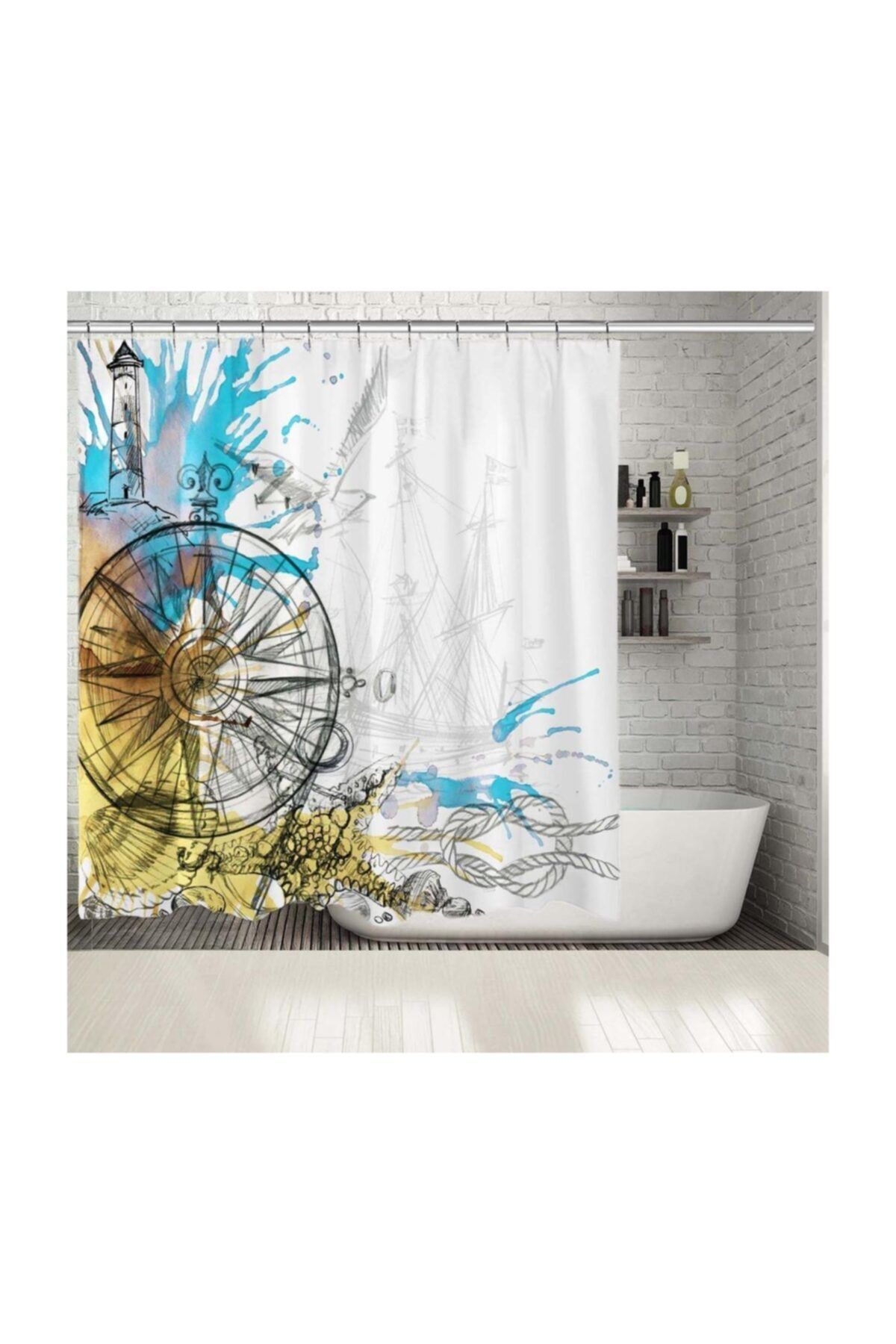 Henge Home Baskılı Duş Perde Suluboya Renkli Kule Pusula Deseni Mavi