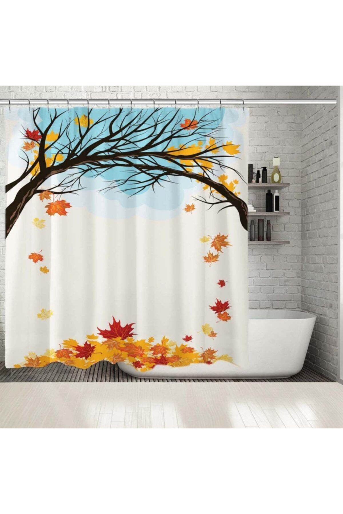 Henge Home Baskılı Duş Perde Akçaağaç Bulut Desenli Sarı Mavi Kırmızı