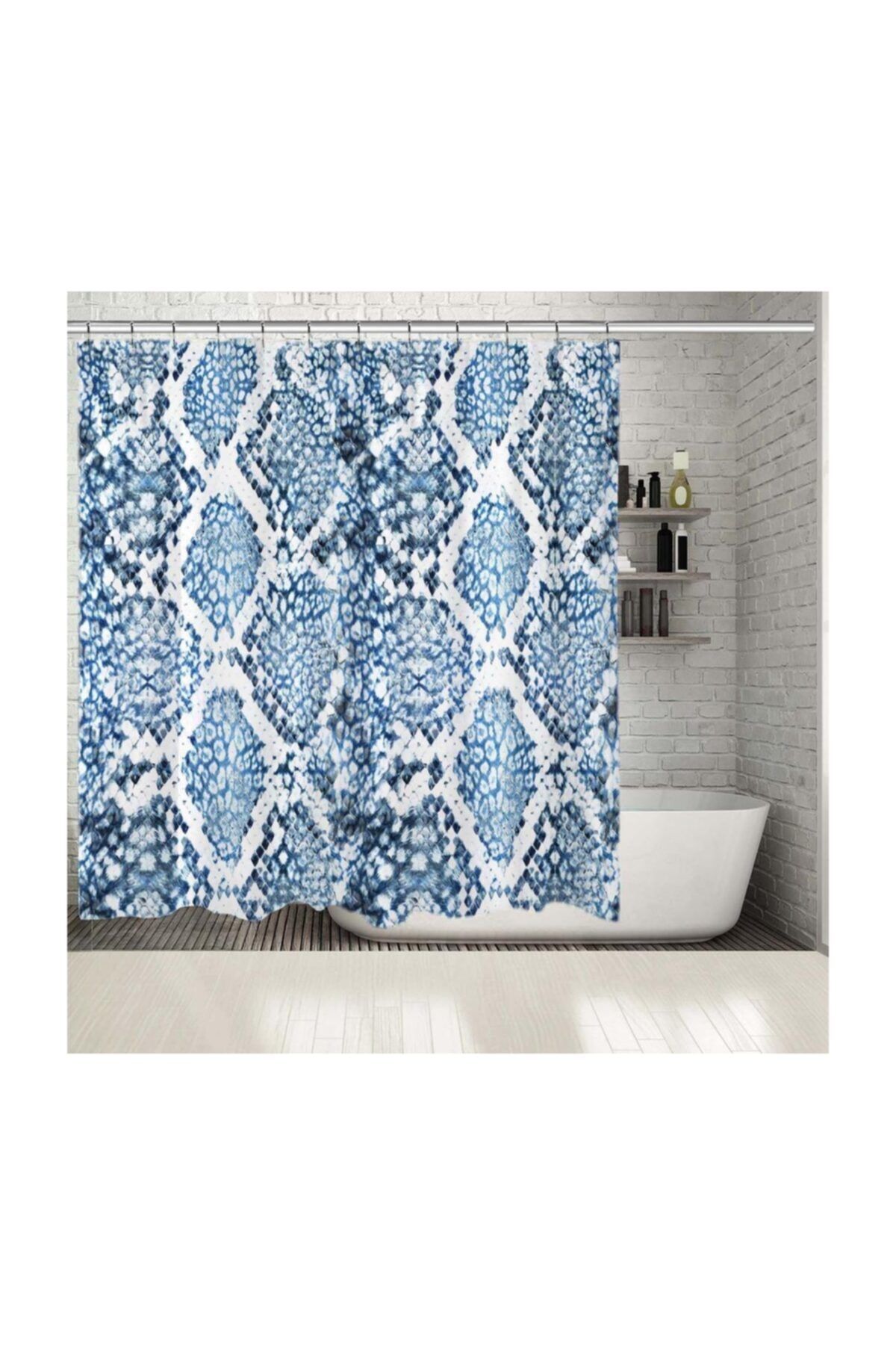 Henge Home Baskılı Duş Perde Sorunsuz Mavi Yılan Desenli