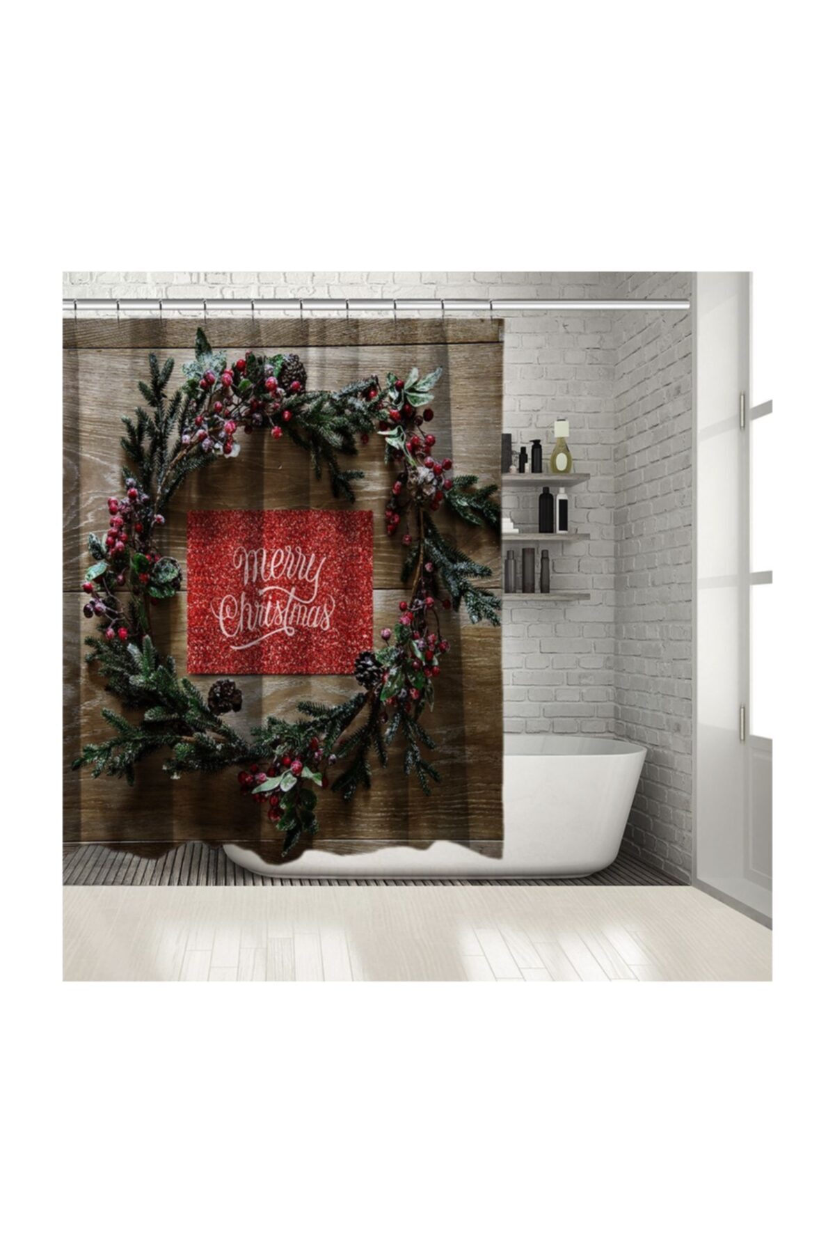 Henge Home Baskılı Duş Perde Ahşap Noel Yılbaşı Çam Ağacı Dalları İle Çelenk Kırmızı Yeşil