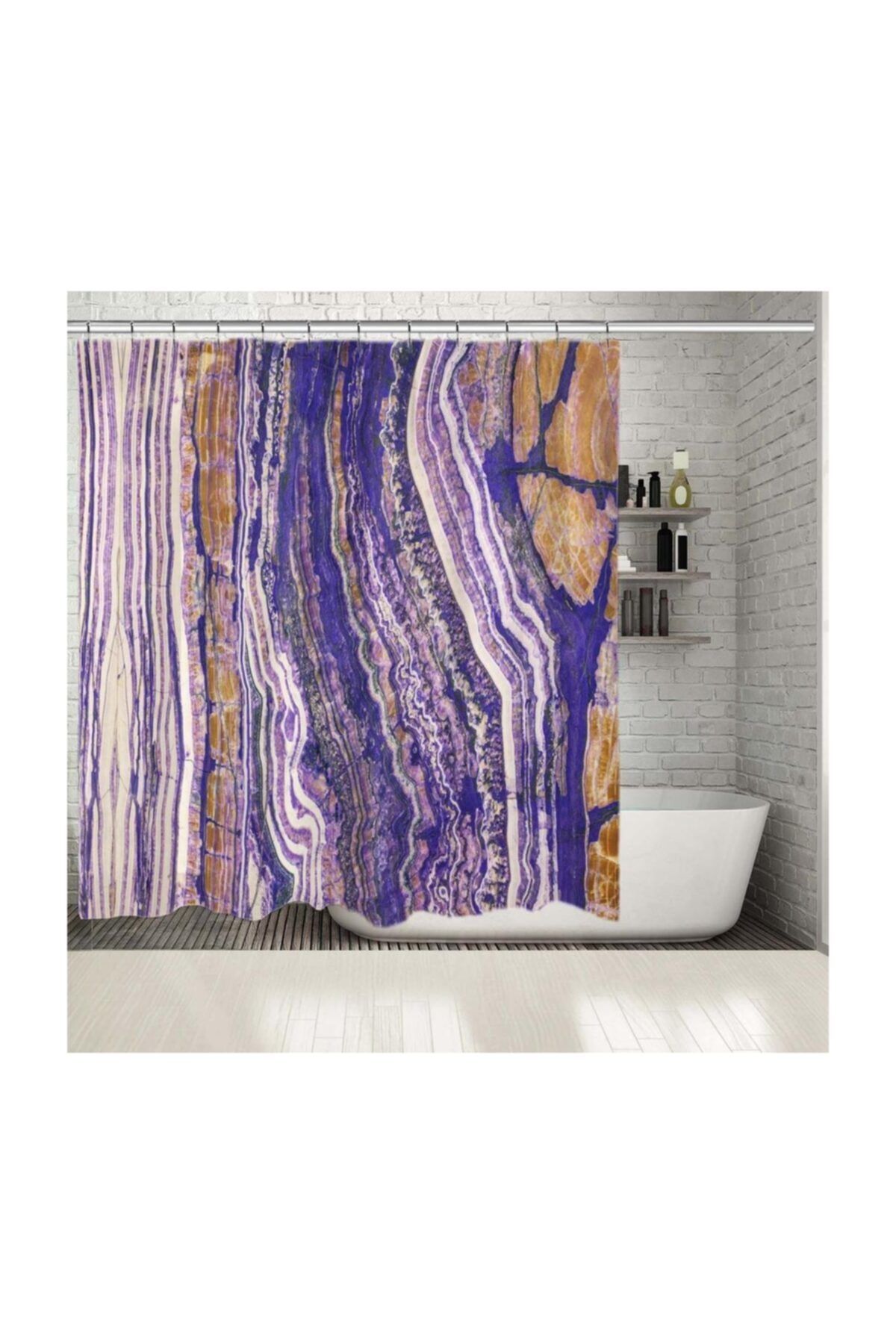 Henge Home Baskılı Duş Perde Mor Ve Hardal Sarısı Mozaik Desenli