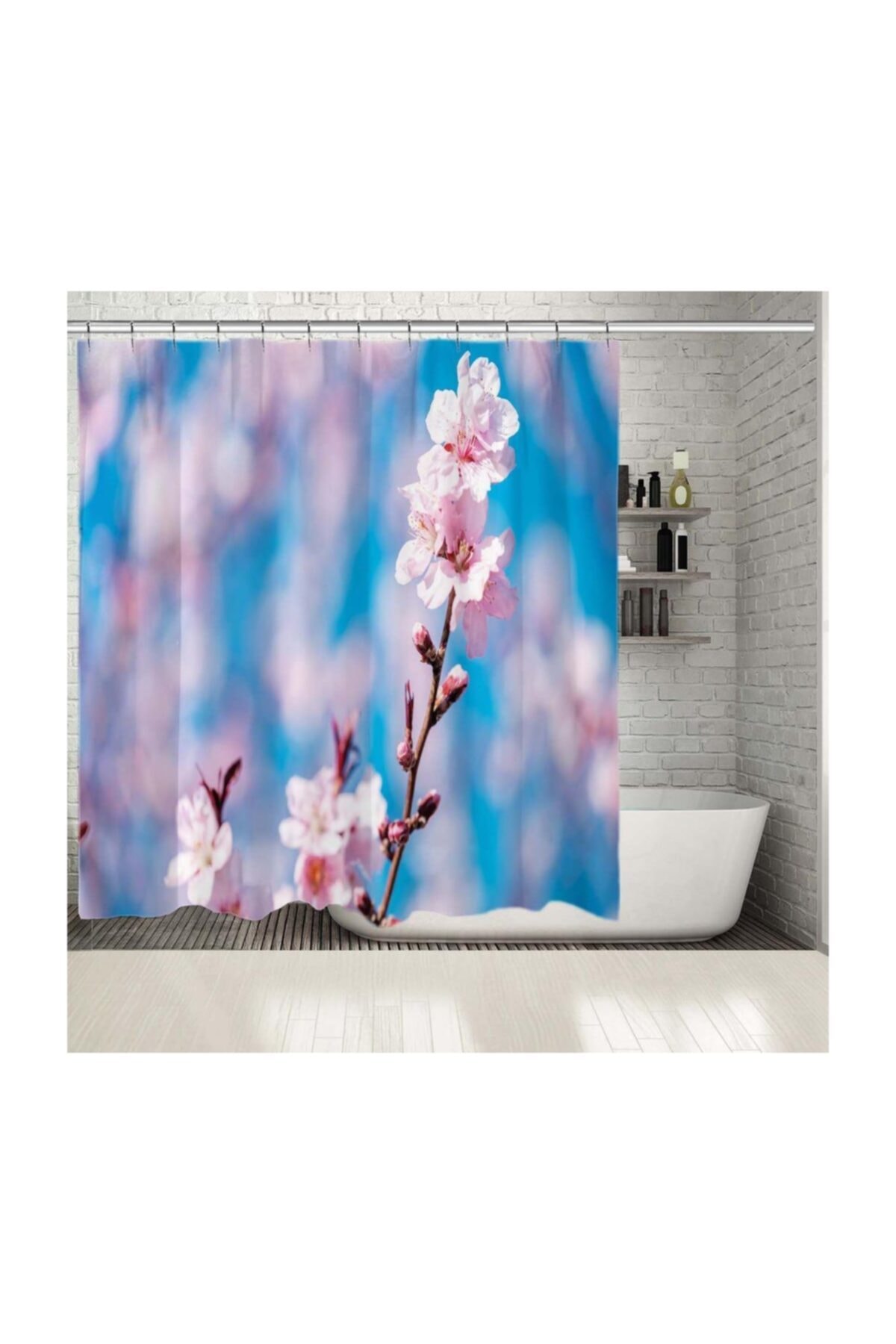 Henge Home Baskılı Duş Perde Gökyüzü Etkili Pembe Çiçek Desenli