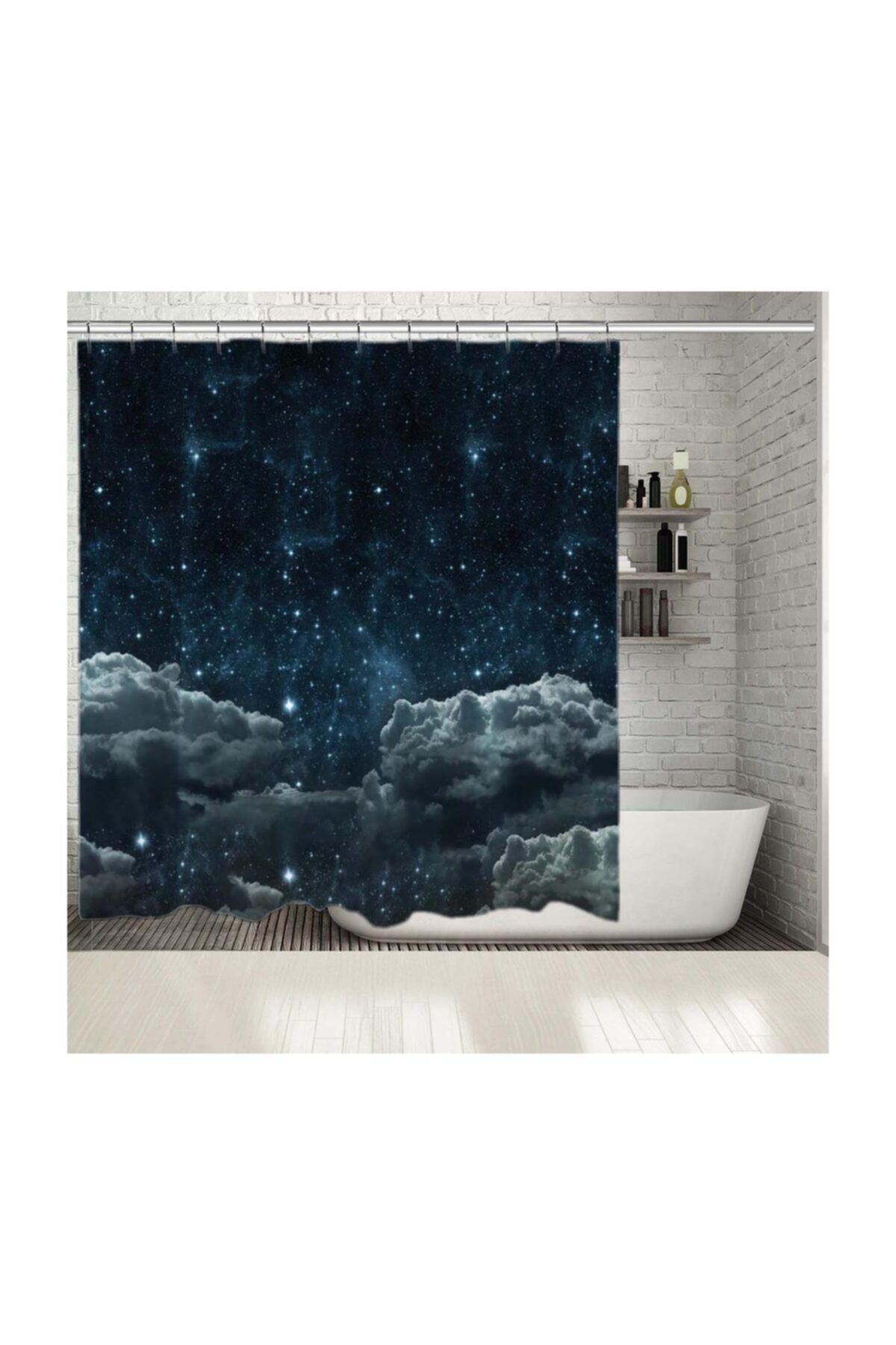 Henge Home Baskılı Duş Perde Mavi Bulut Gece Gökyüzü Desenli