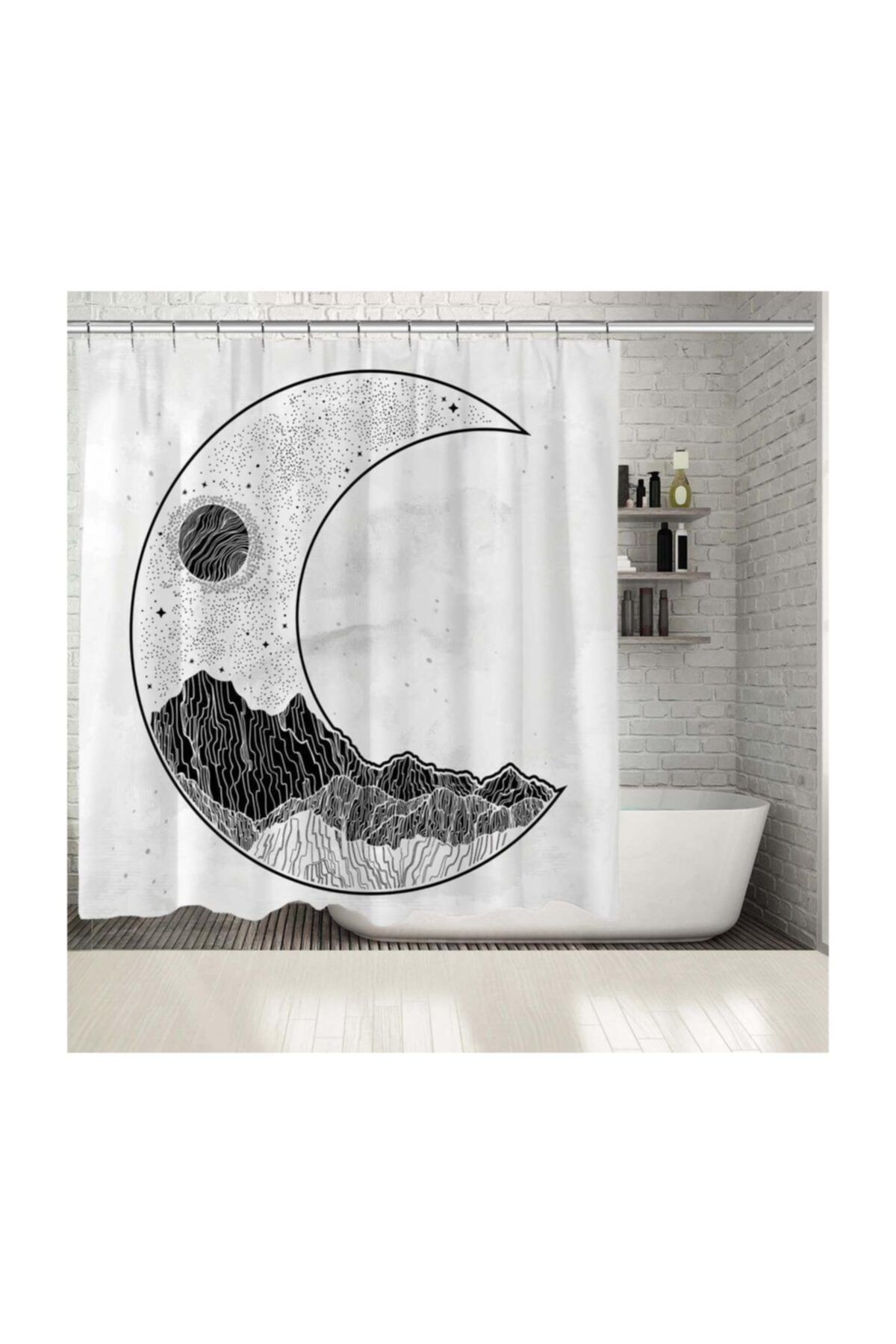 Henge Home Baskılı Duş Perde Yarım Ay Ve Dolunay Etkili Siyah ve Bej Desenli