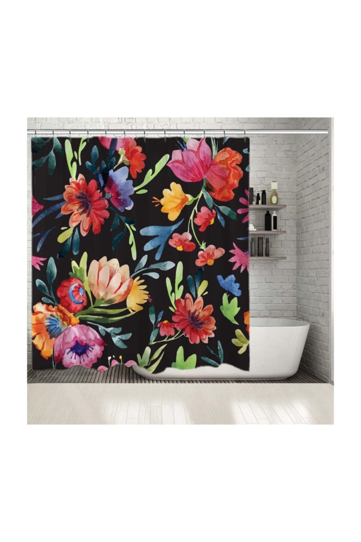 Henge Home Baskılı Duş Perde Sulu Boya Etkili Çiçek Deseni
