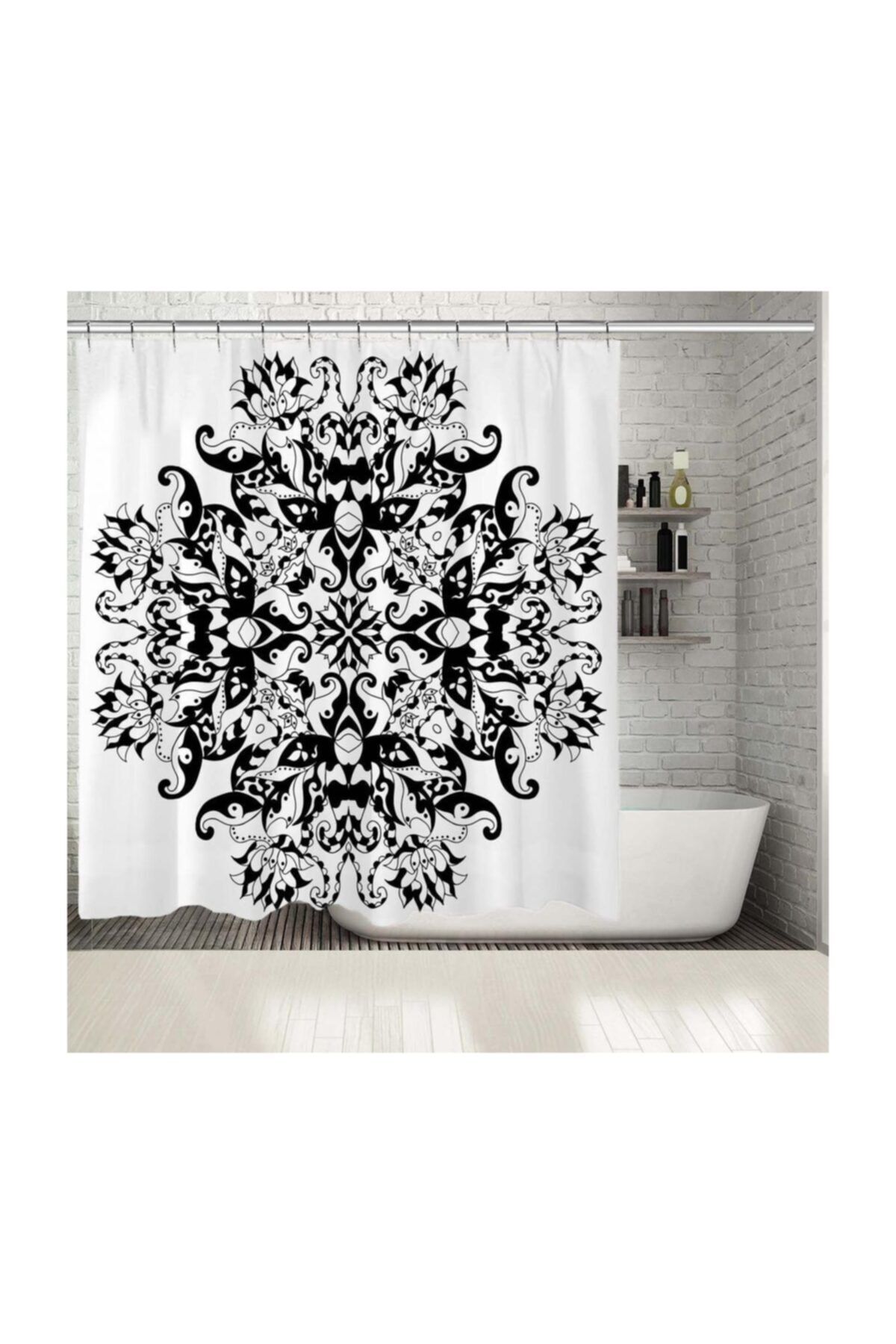 Henge Home Baskılı Duş Perde Mandala Şeklinde Kar Desenli Siyah Beyaz