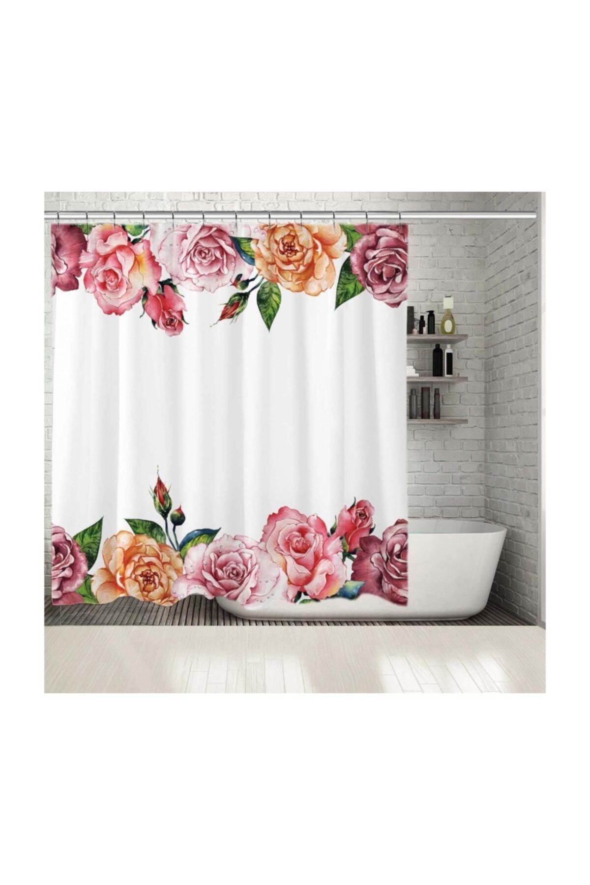 Henge Home Baskılı Duş Perde Kır Çiçeği Gül Desenli Mor Pembe