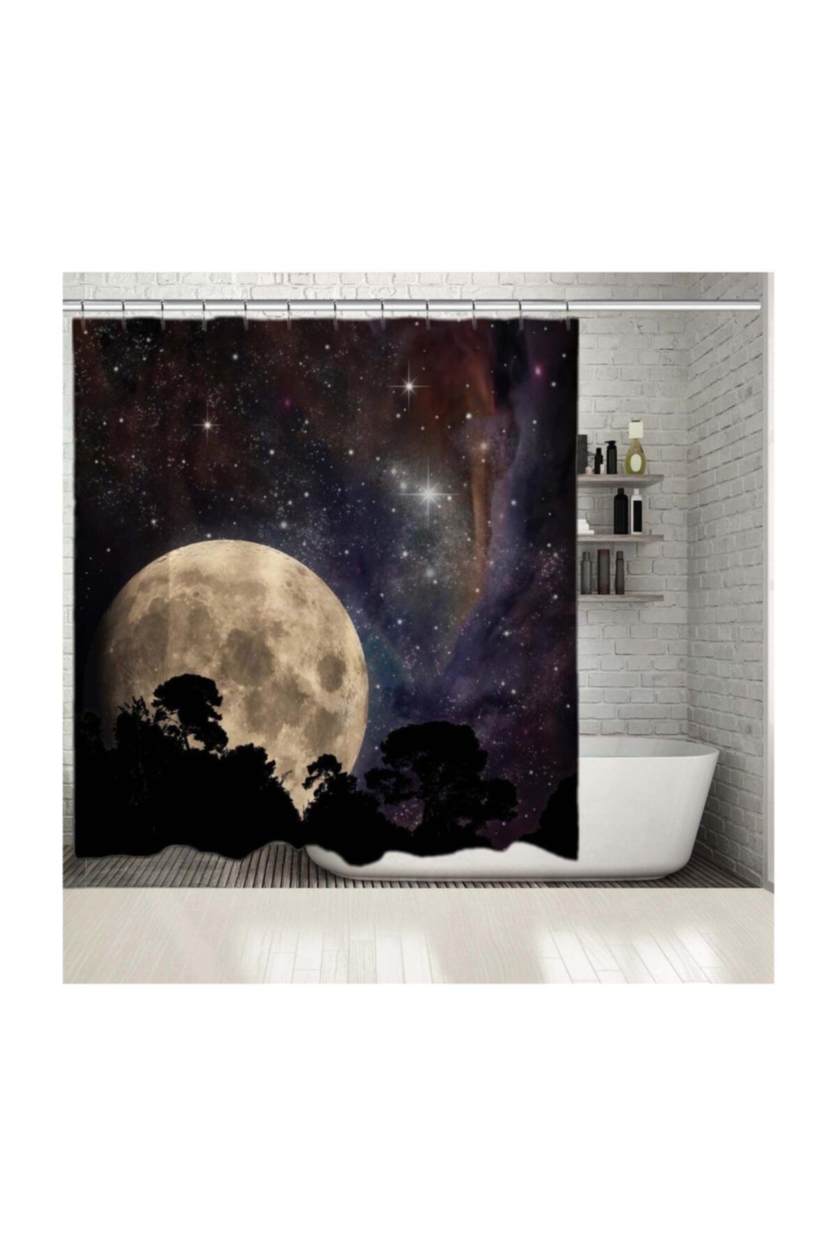 Henge Home Baskılı Duş Perde Ay Ve Ağaçlar İle Gece Gökyüzü Desenli