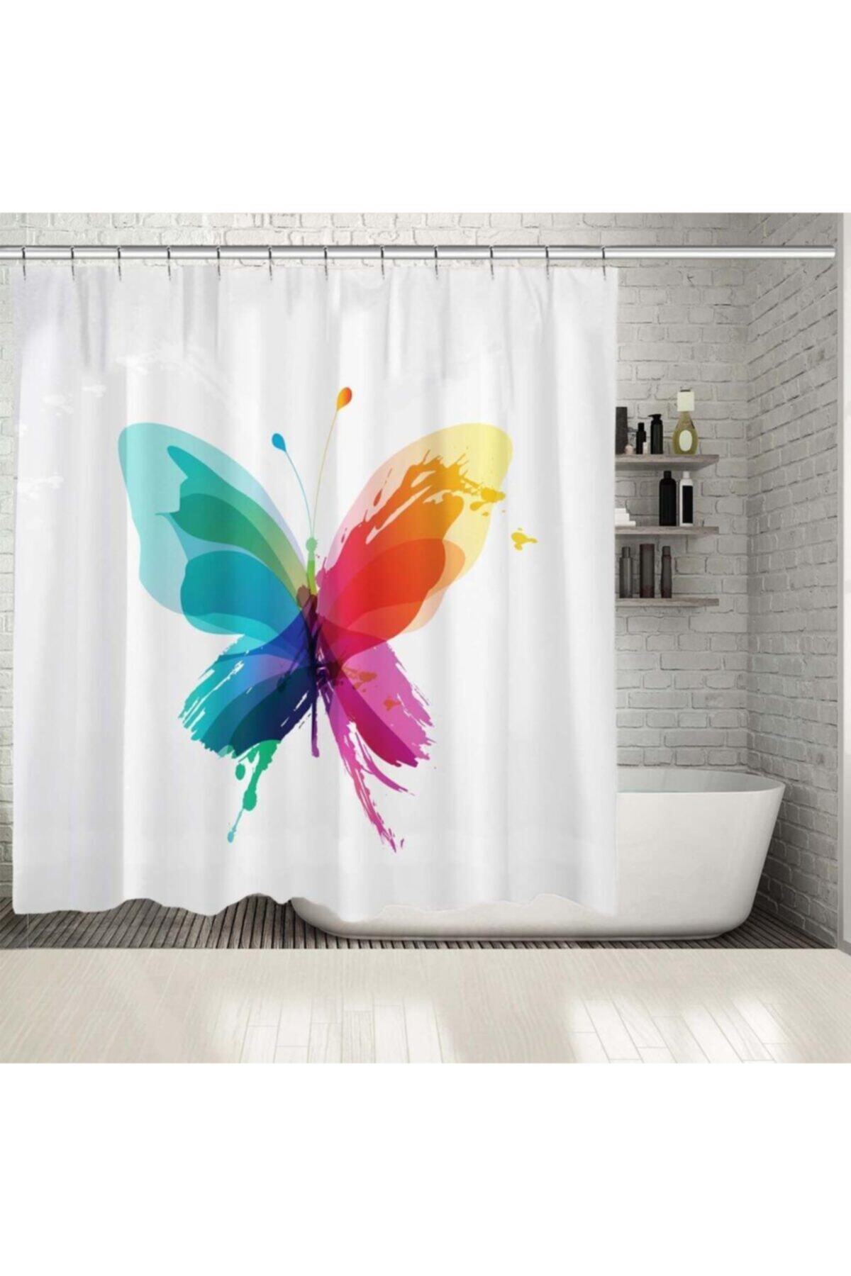 Henge Home Baskılı Duş Perde Sulu Boya Etkili Mor Mavi Sarı Kelebek Desenli