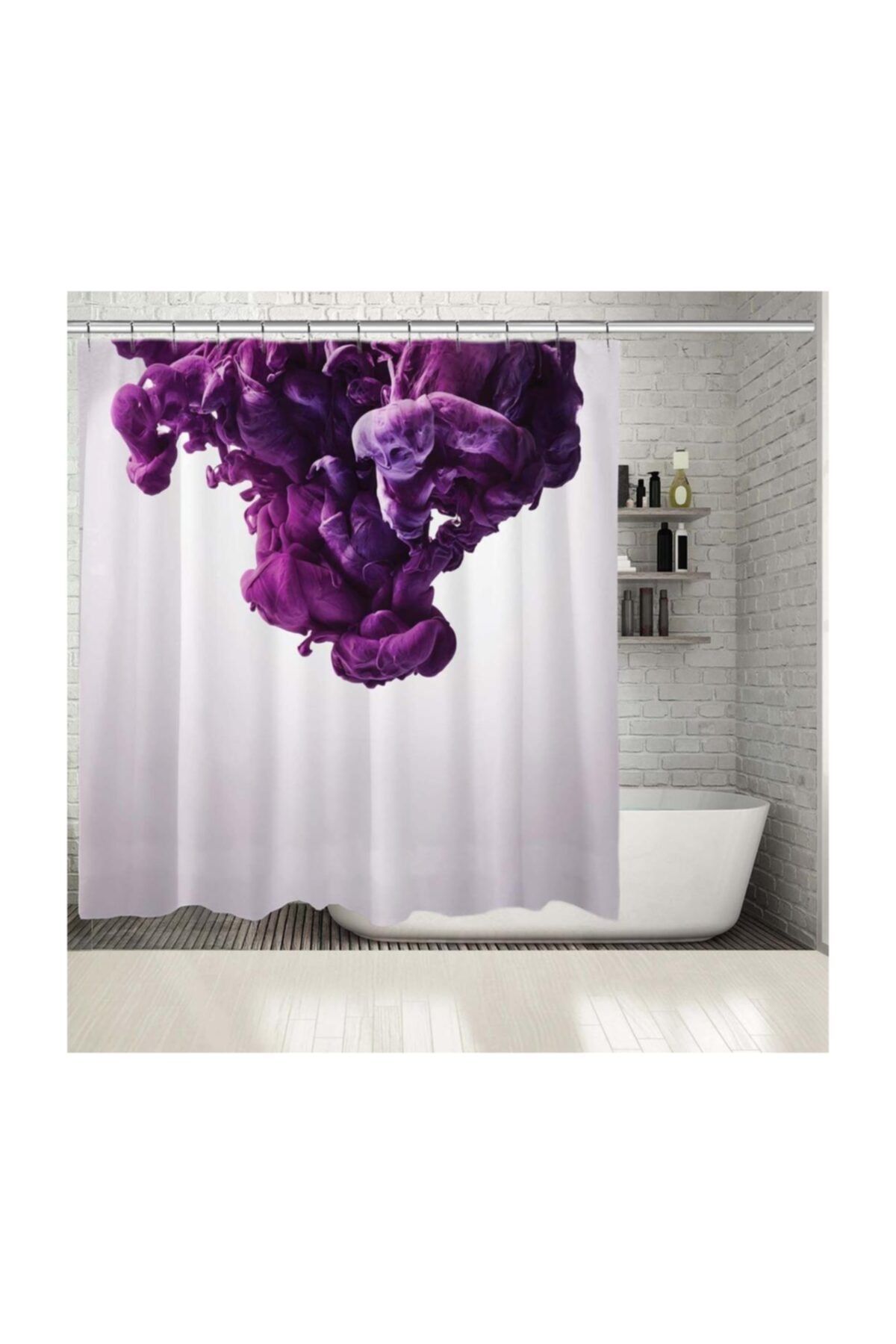 Henge Home Baskılı Duş Perde Soyut Mor Boya Sıçrama Desenli