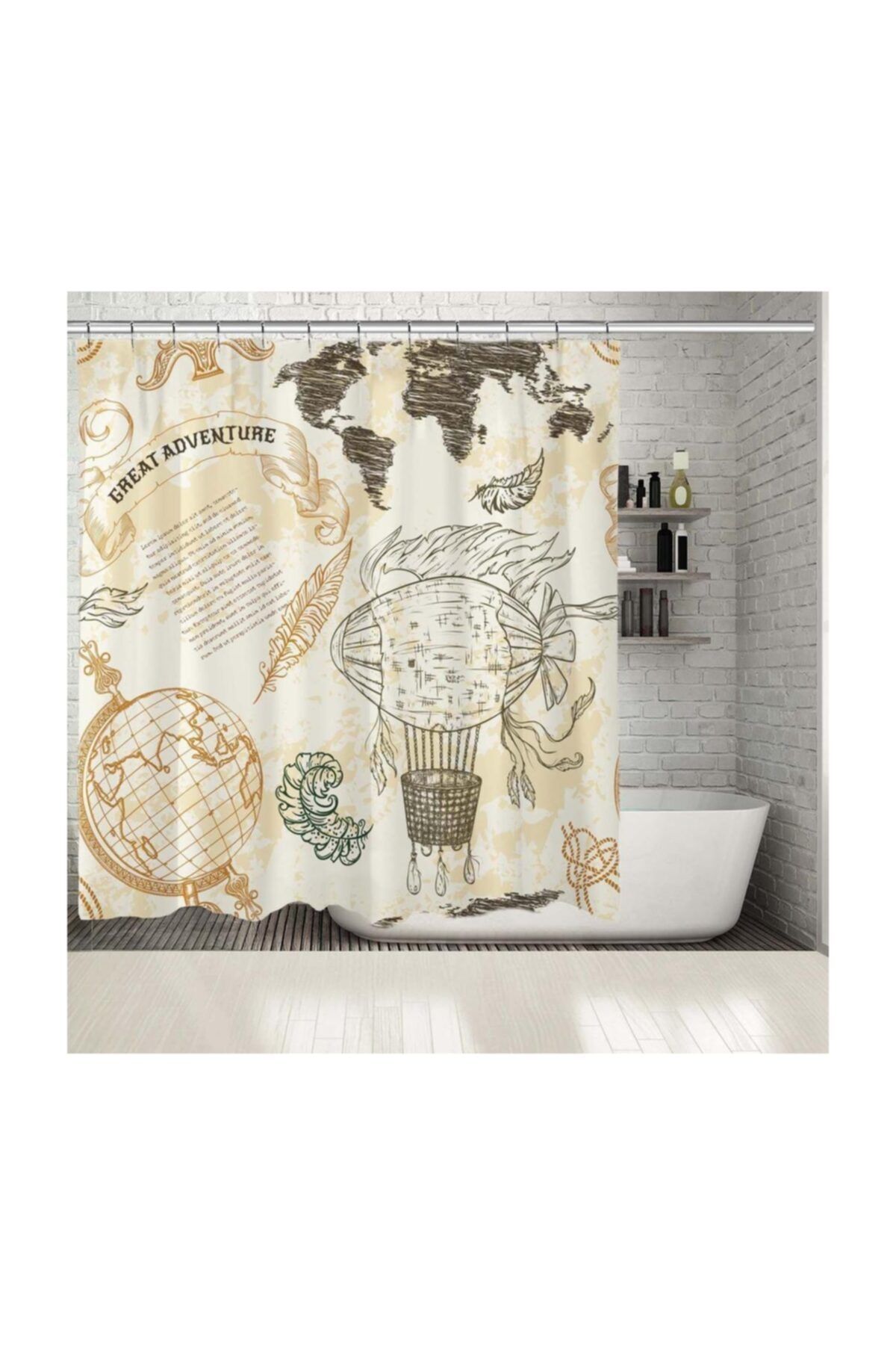 Henge Home Baskılı Duş Perde Soyut Vintage Dünya Harita Desenli Sarı