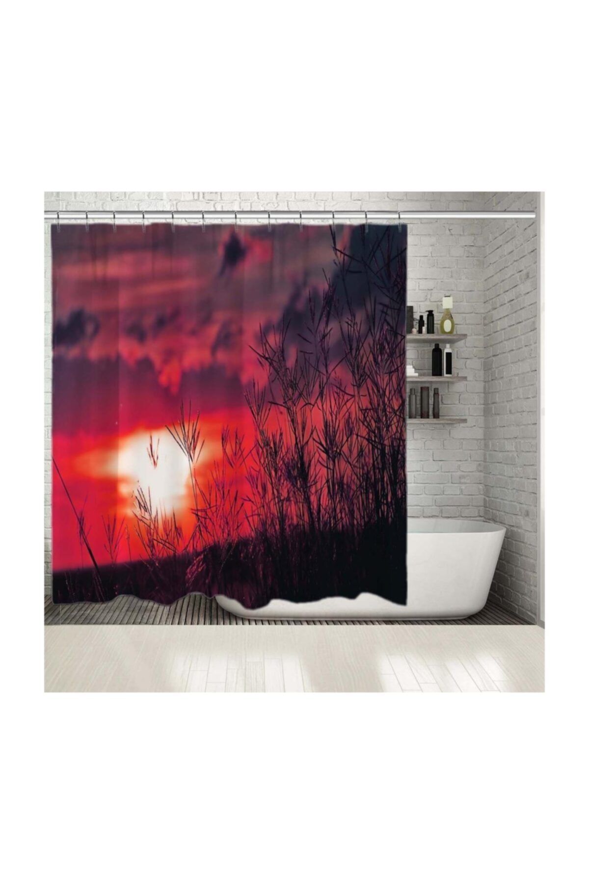 Henge Home Baskılı Duş Perde Otlar Arasında Gün Batımı Etkili Desenli
