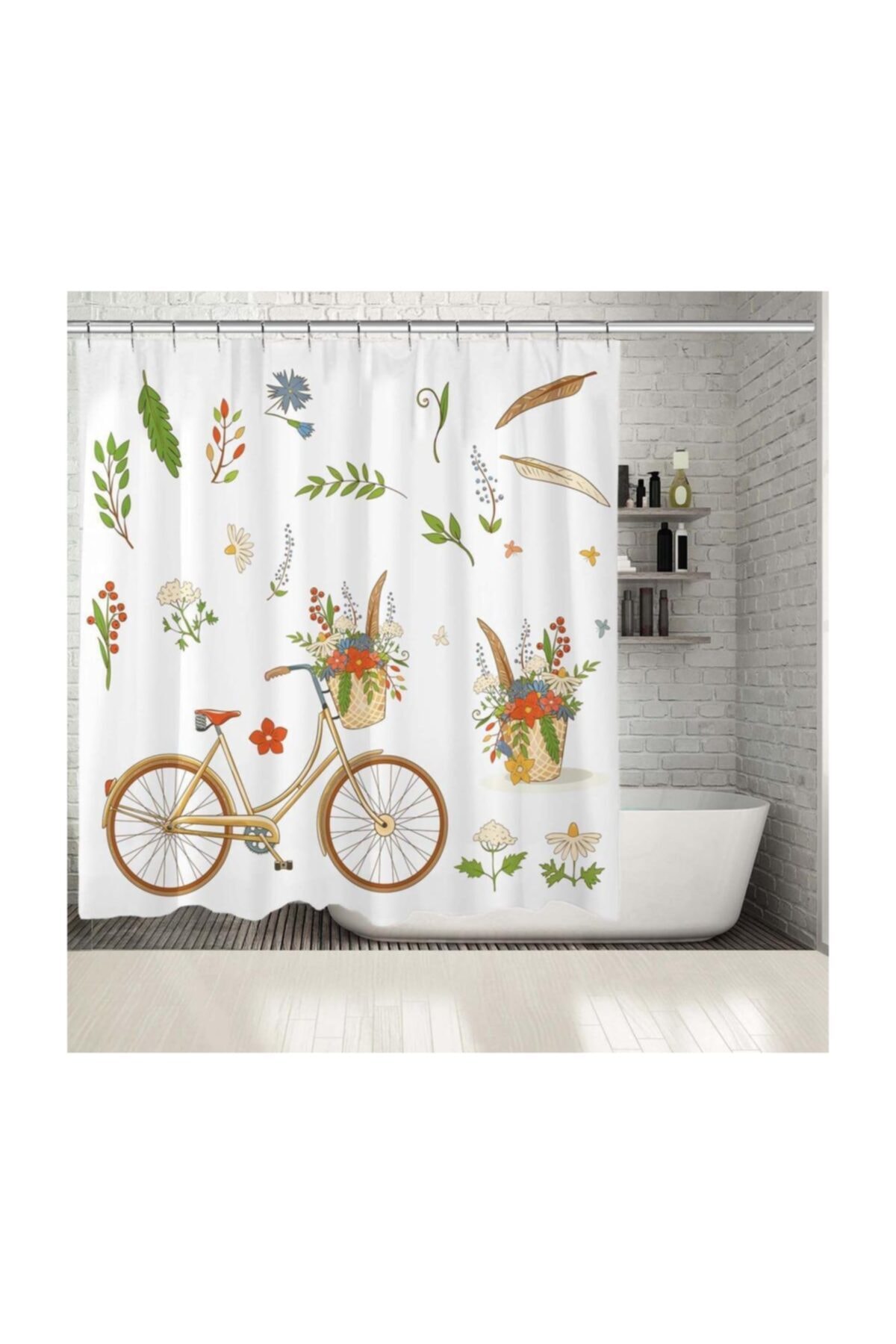 Henge Home Baskılı Duş Perde Bisiklet Saksı Çiçek Desenli Yeşil Turuncu