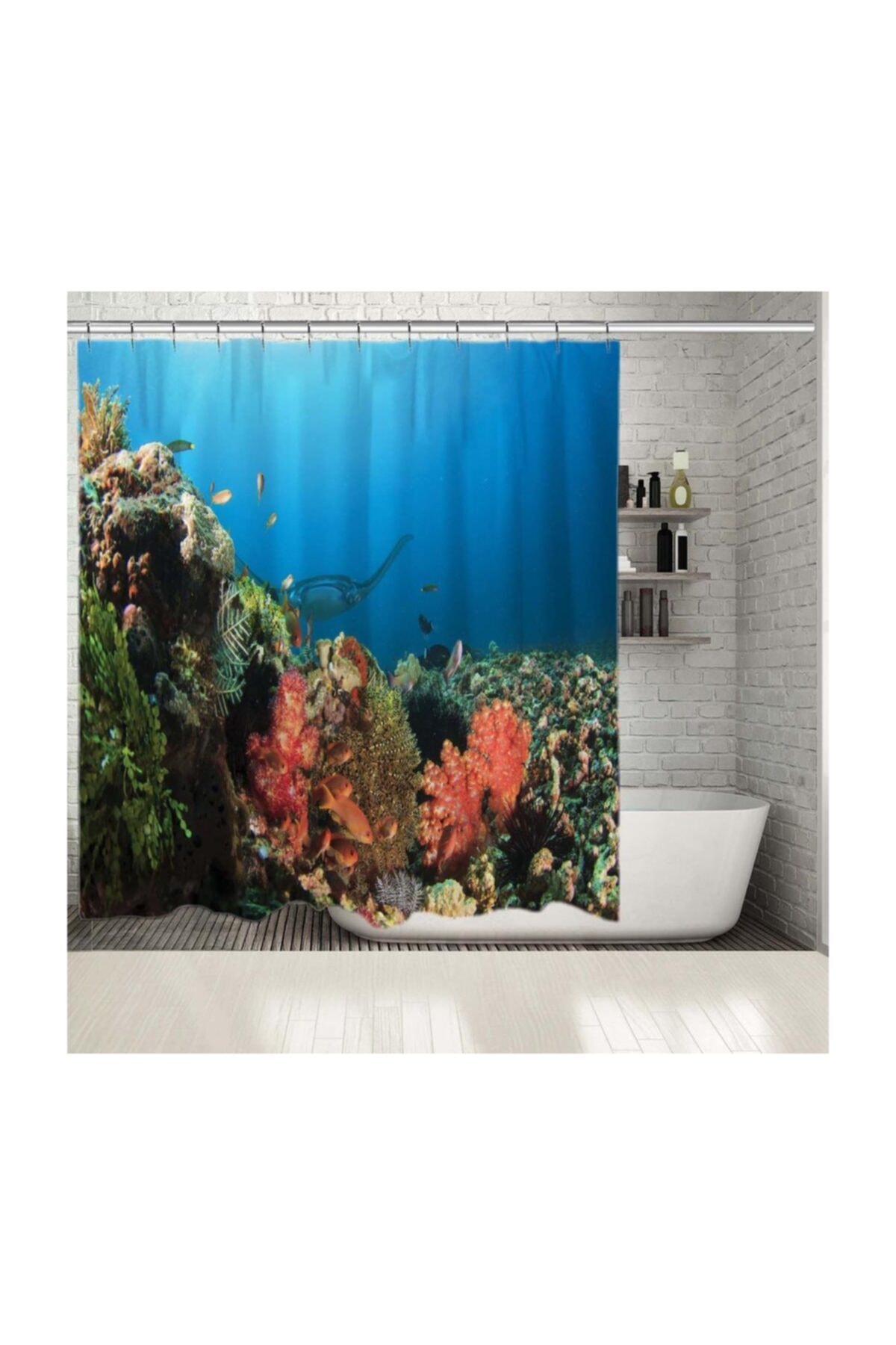 Henge Home Baskılı Duş Perde Sualtı Okyanus Vatos Balık Desenli Mavi