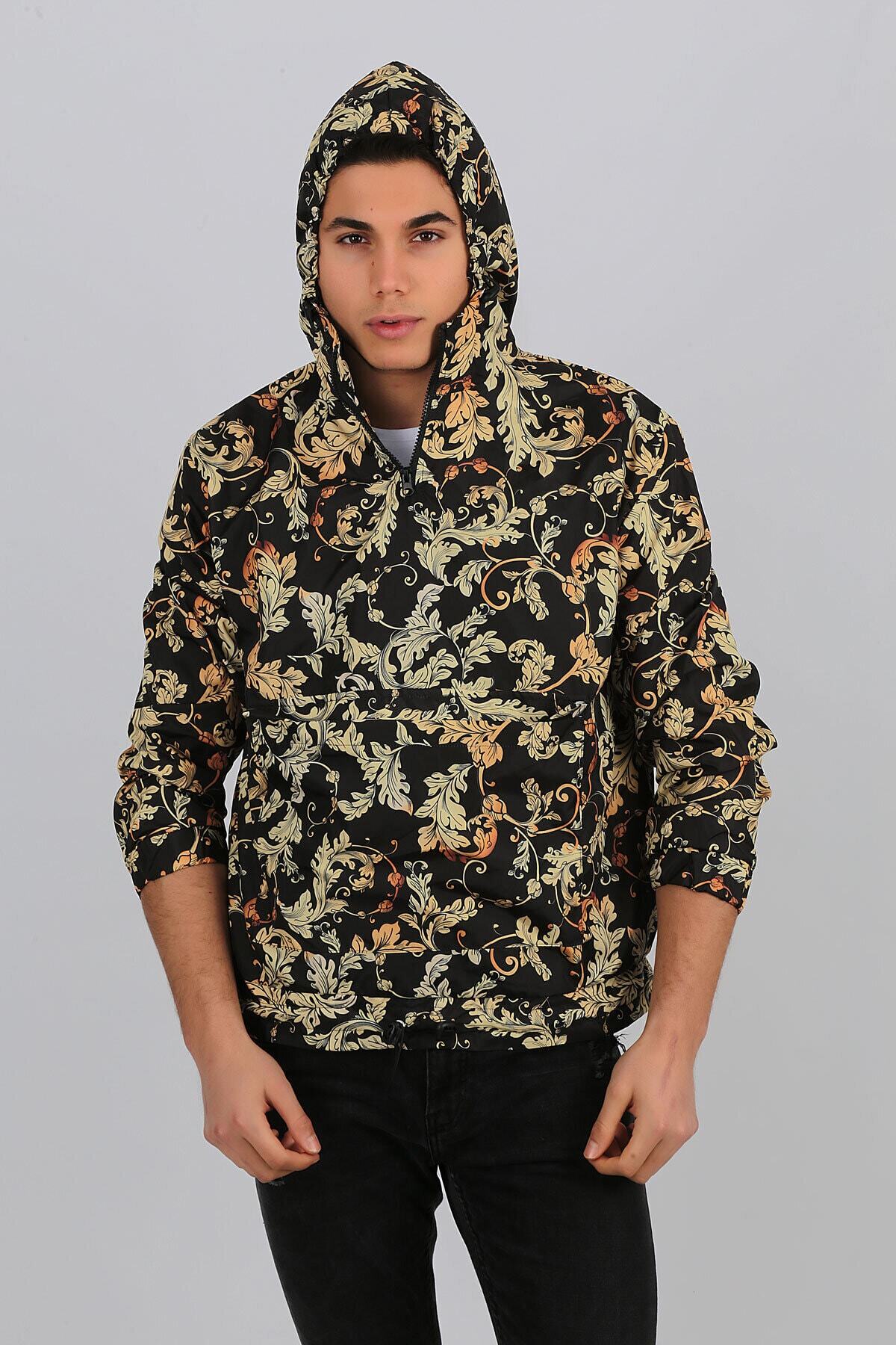 Penyelux Erkek Siyah Yaprak Desen Yağmurluk