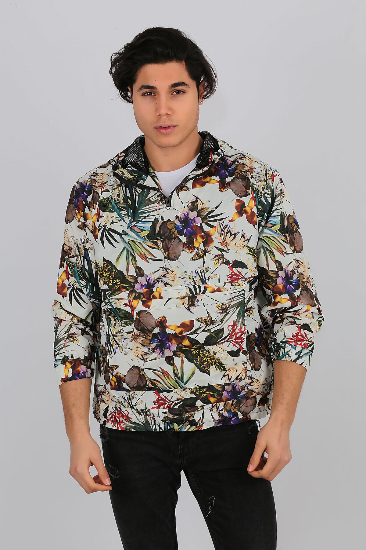 Penyelux Erkek Ekru Mor Çiçek Desen Yağmurluk