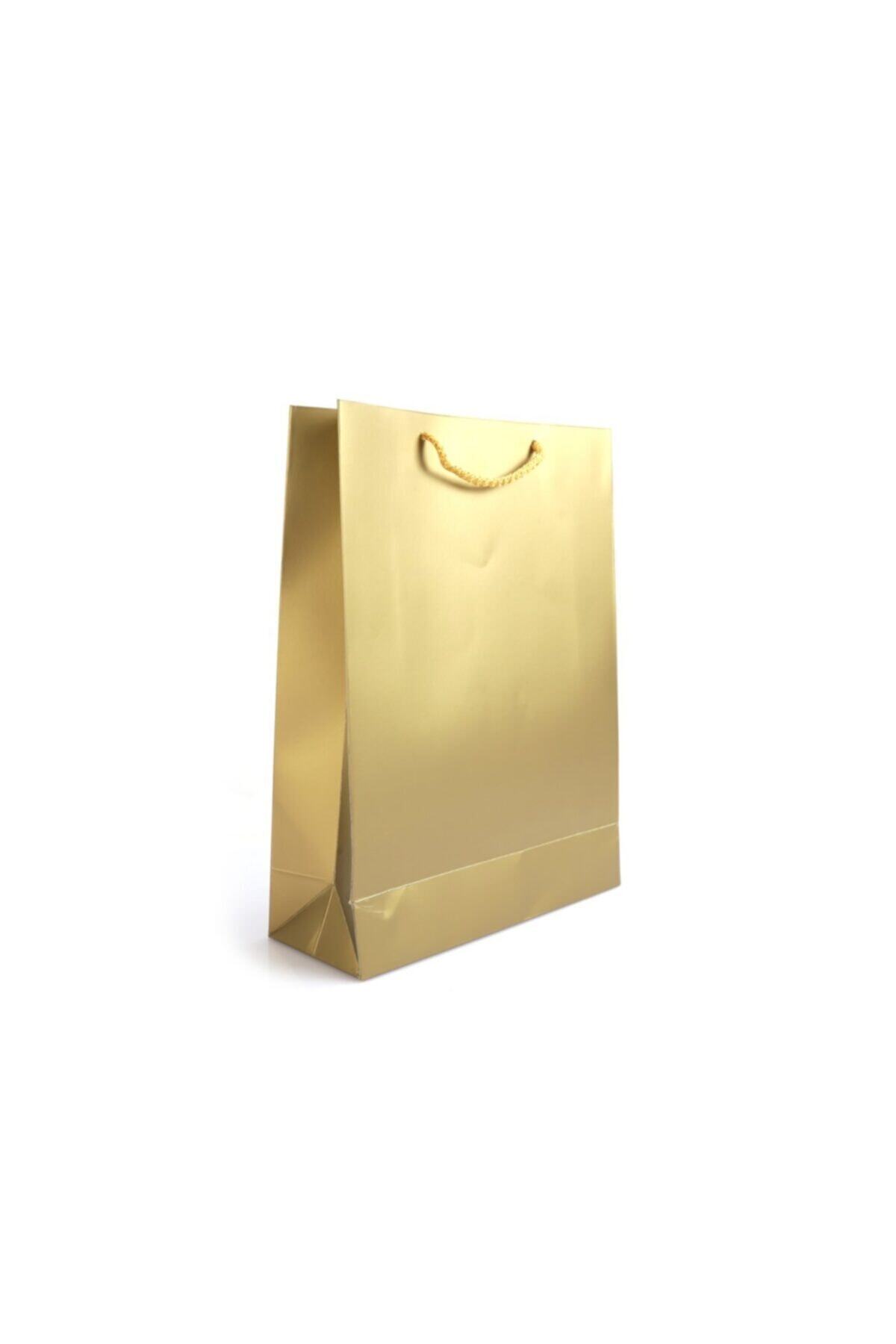 PAKETPARTİ Karton Çanta Mat Altın Selefonlu 14x17x6 Cm (25'li)