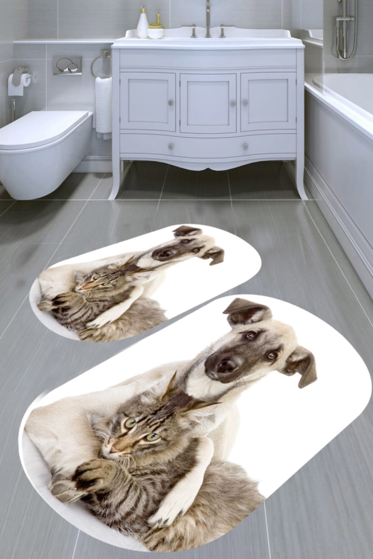 MODANOİVA Kedi Ve Köpek Desenli 2'li Banyo Paspası (50x60 - 60x100 )