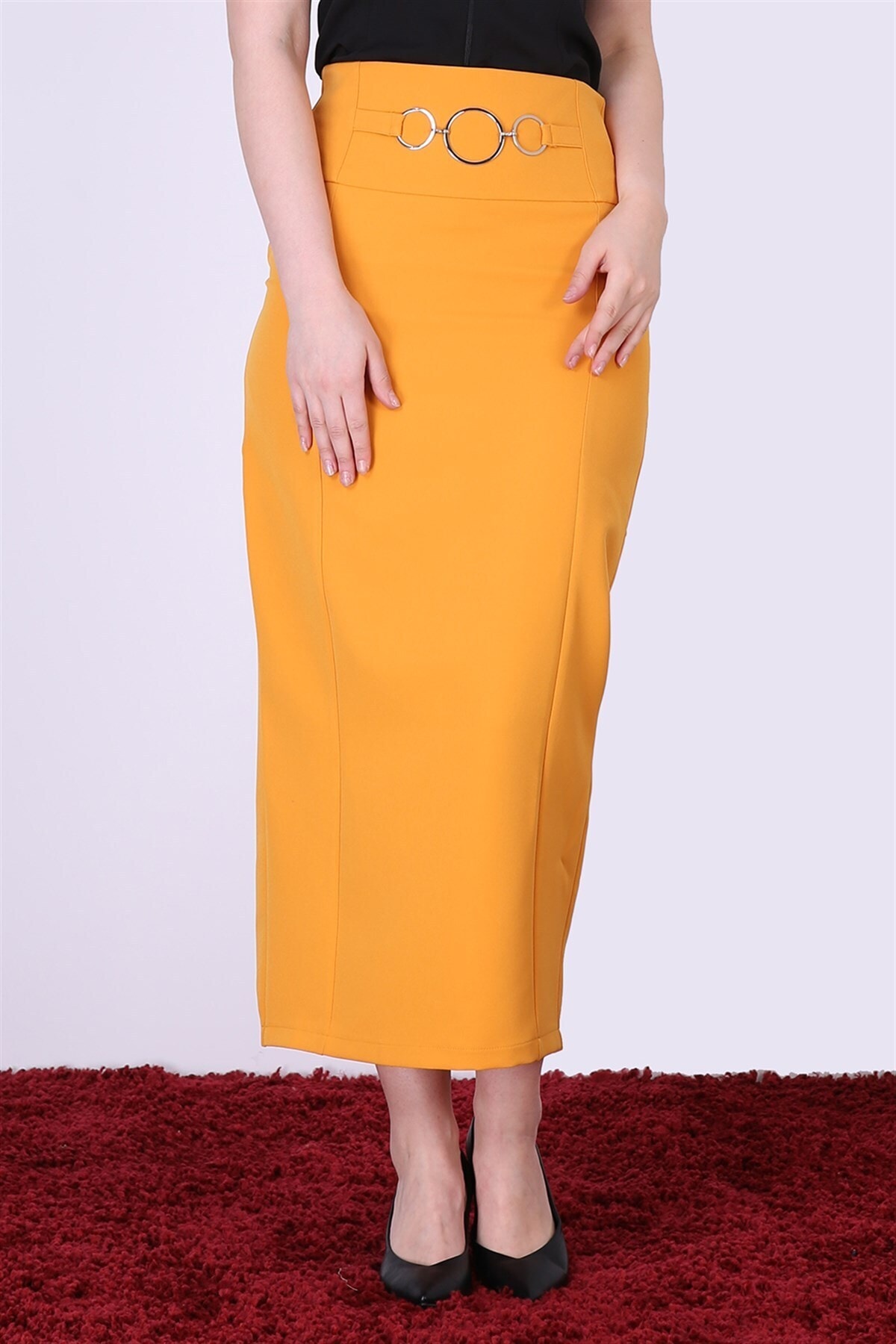 apsen Kadın Hardal Yüksek Bel Metal Aksesuar Detaylı Tesettür Etek 2026/100