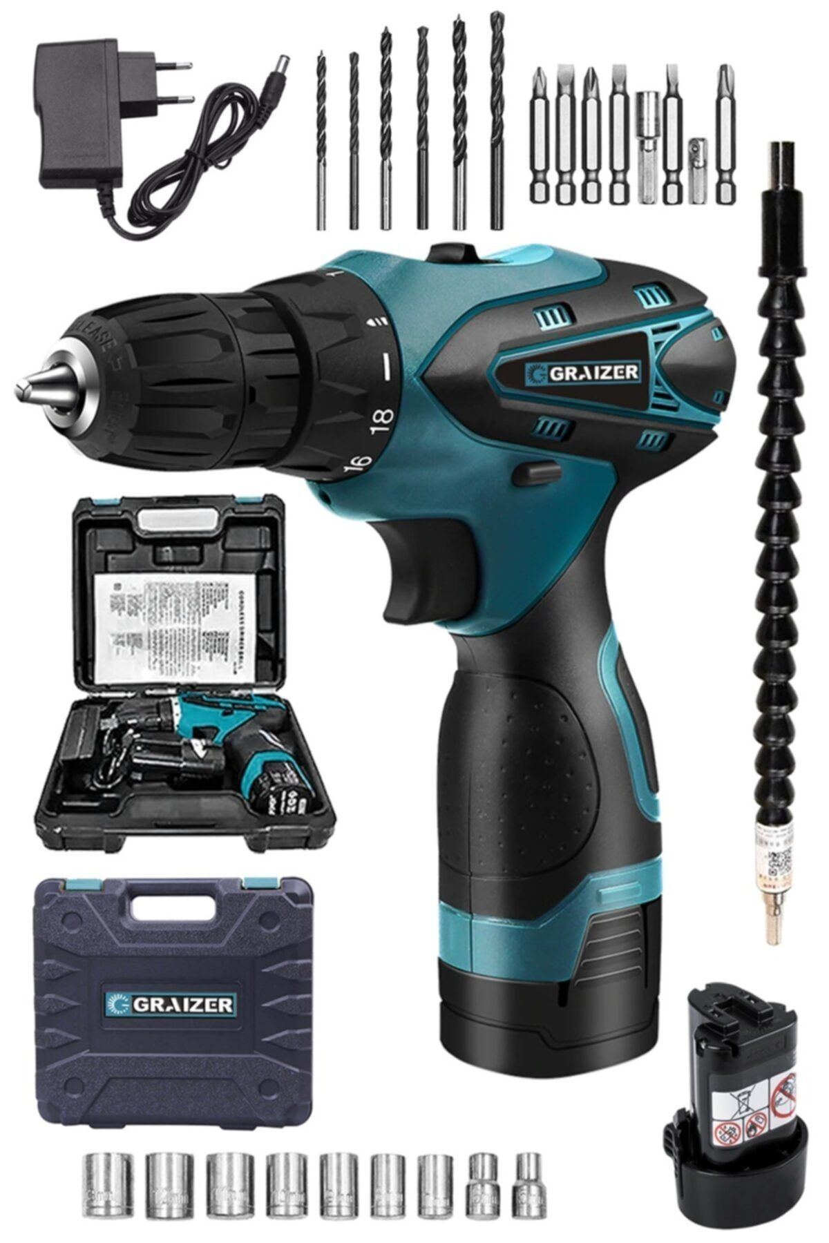 Graizer Alman Titan 24 V Sjs Çift Metal Şanzuman Çift Akülü Şarjlı Vidalama Matkap + 24 Parça Set Mavi Ar