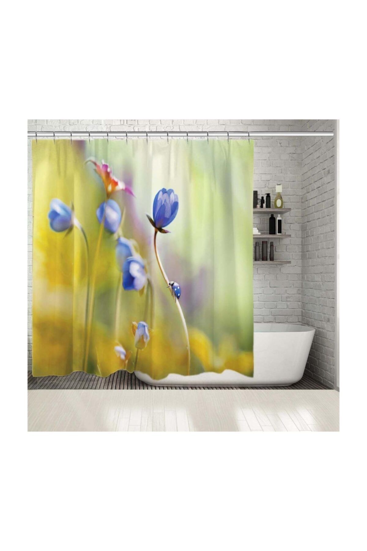 Henge Home Baskılı Duş Perde Yumuşak Odaklı Lila Anemon Çiçek Desenli
