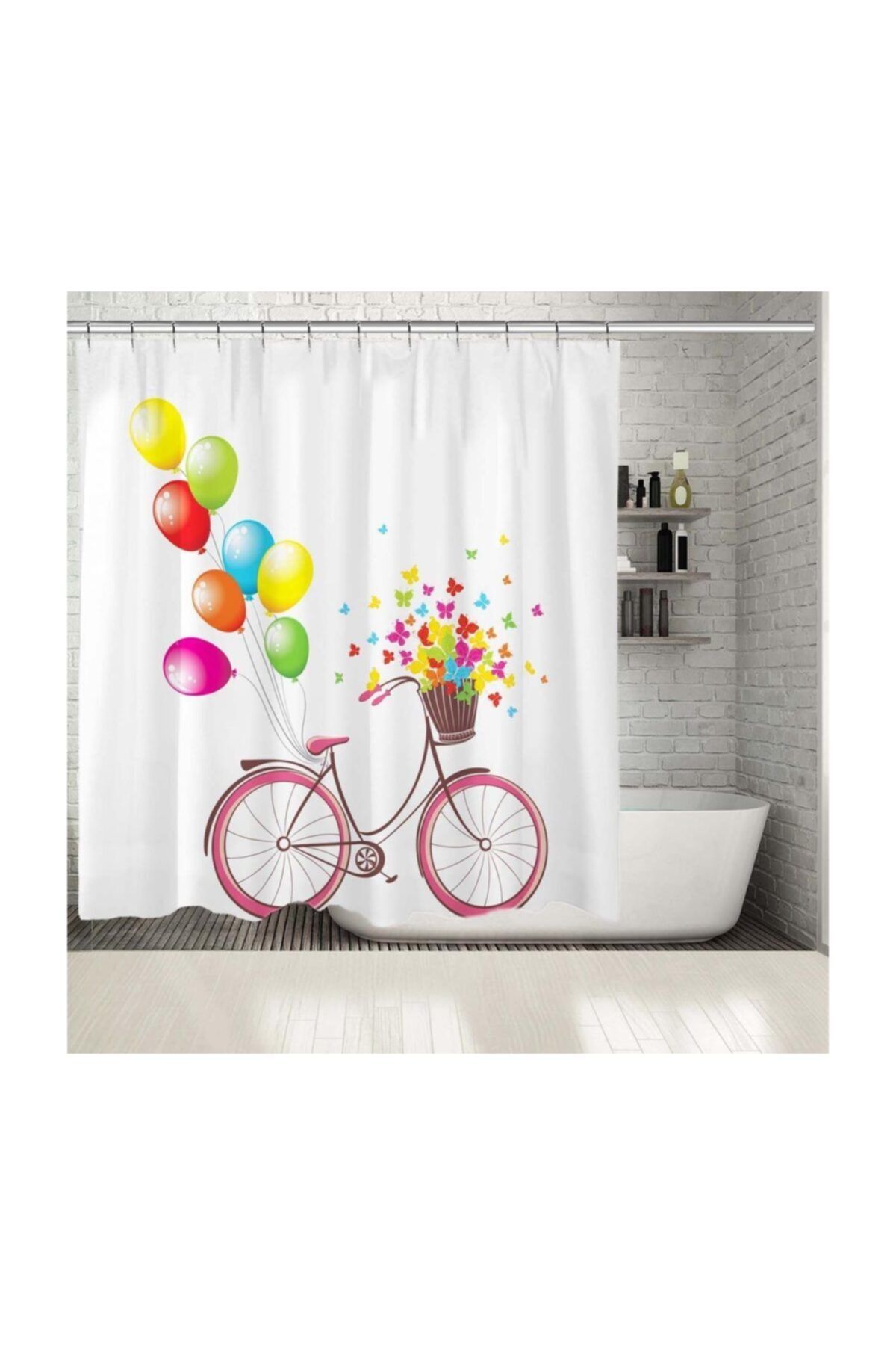 Henge Home Baskılı Duş Perde Balonlu Bisiklet Desenli Pembe Sarı Mavi
